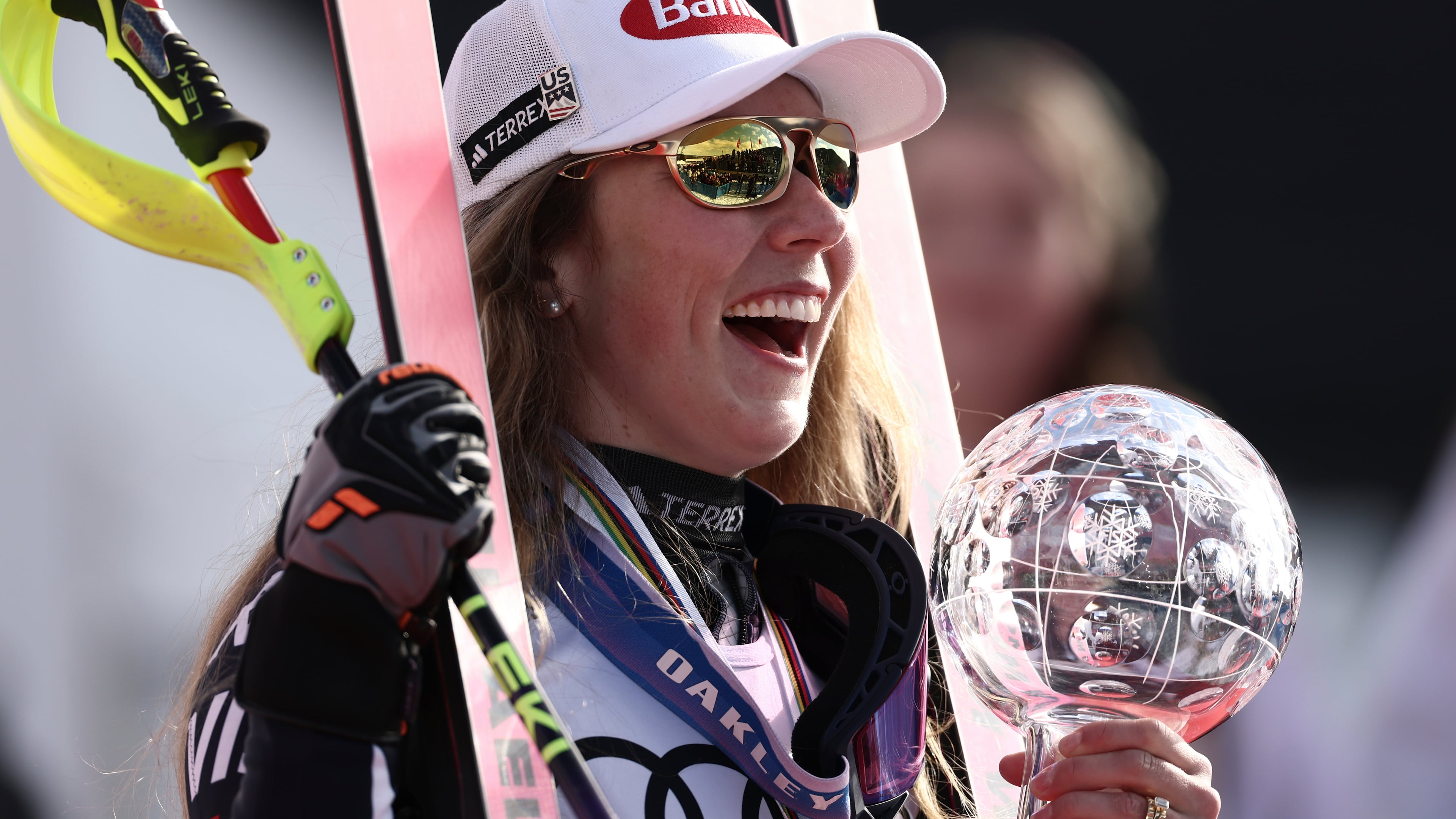 FILE - United States' Mikaela Shiffrin celebrates winning the globe trophy for the alpine ski women's slalom discipline at the Lillehammer World Cup Finals in Hafjell, Norway, March 24, 2026. (AP Photo/Gabriele Facciotti, File)