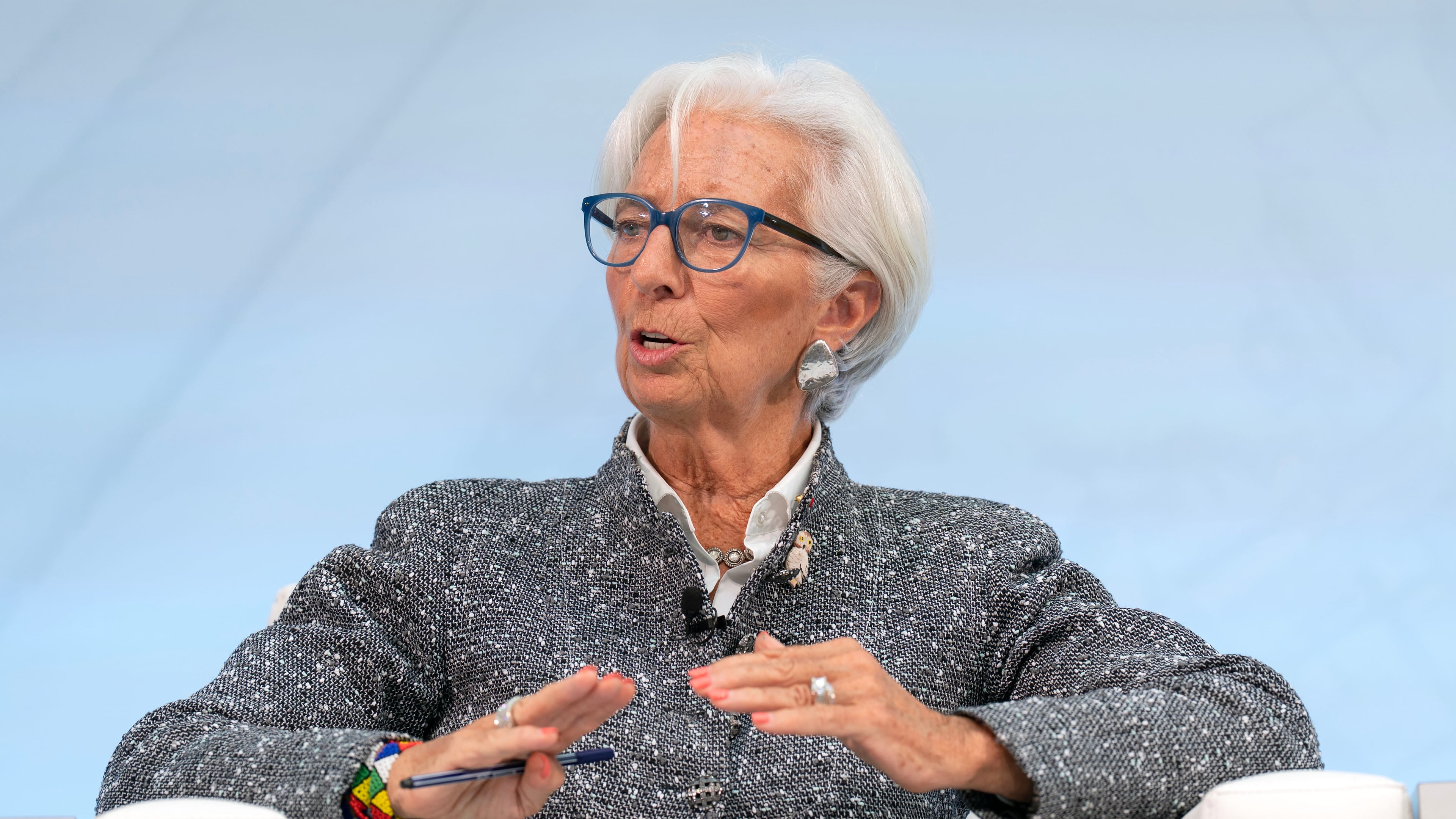 FILE - European Central Bank President Christine Lagarde speaks at Debate on the Global Economy conference during the World Bank/IMF Annual Meetings at the International Monetary Fund (IMF) headquarters in Washington, Oct. 16, 2025. (AP Photo/Jose Luis Magana, File)