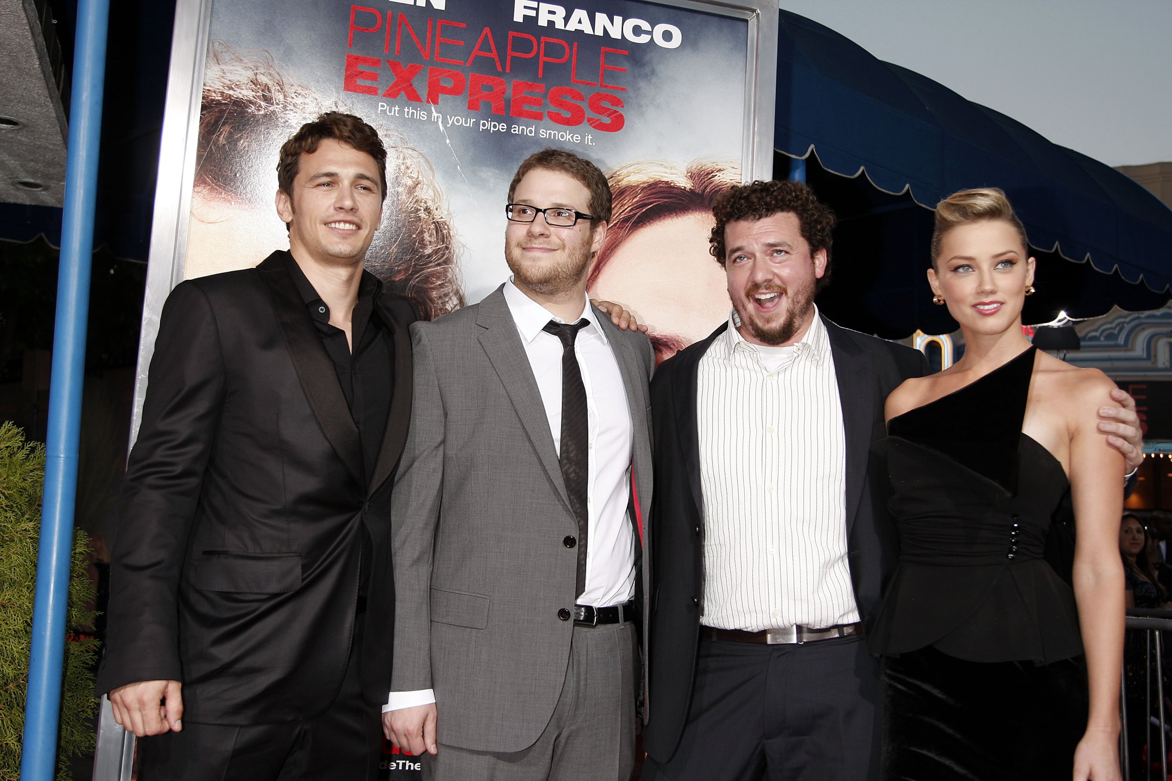 Actors James Franco, Seth Rogen, Danny McBride and Amber Heard arrive at the premiere of Columbia Picture's "Pineapple Express" at the Mann Village Theater on July 31, 2008 in Los Angeles, California. (Photo by Kevin Winter/Getty Images)