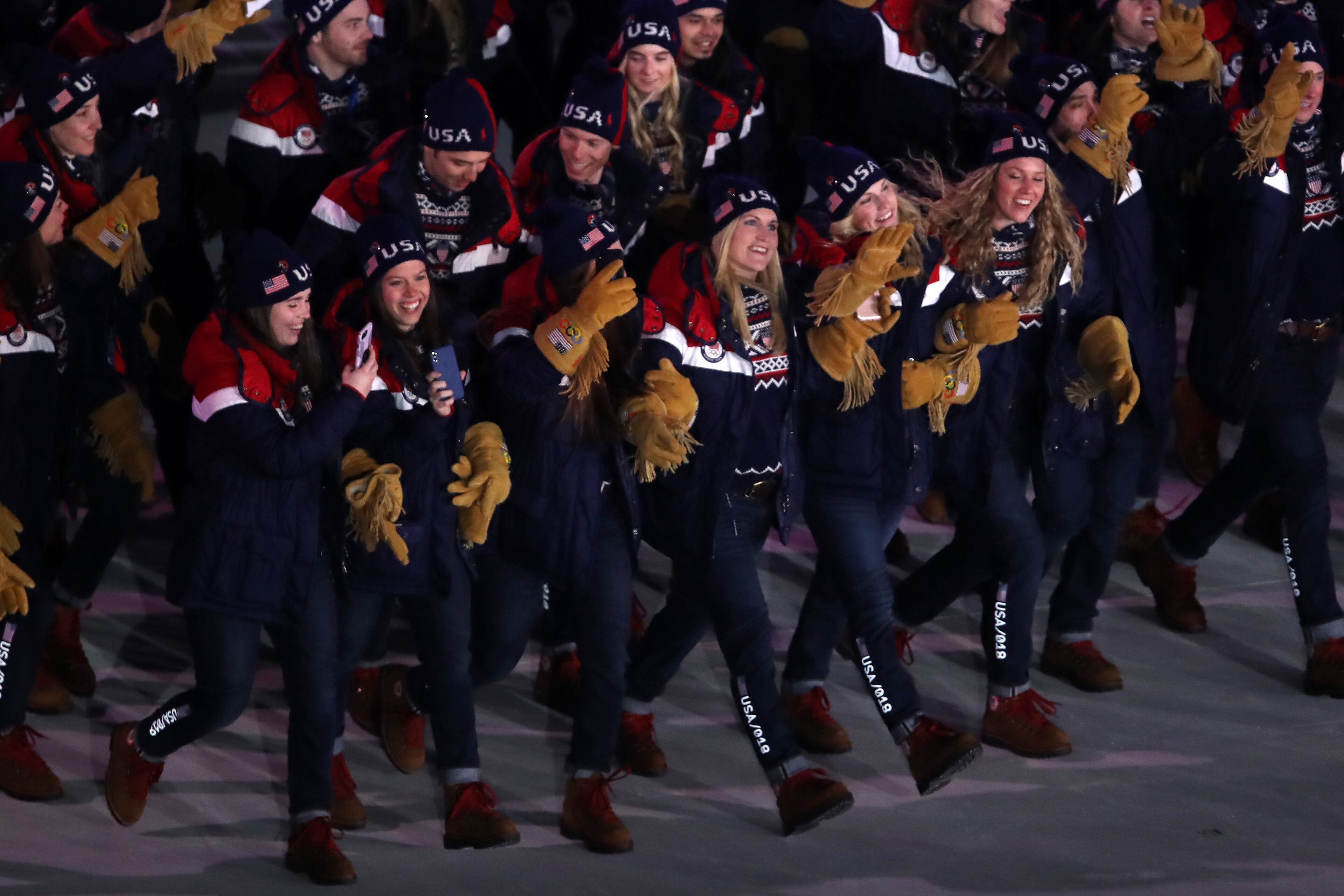PYEONGCHANG-GUN, SOUTH KOREA - FEBRUARY 09: Athletes from the United States take part in the teams parade during the Opening Ceremony of the PyeongChang 2018 Winter Olympic Games at PyeongChang Olympic Stadium on February 9, 2018 in Pyeongchang-gun, South Korea. (Photo by Sean M. Haffey/Getty Images)
