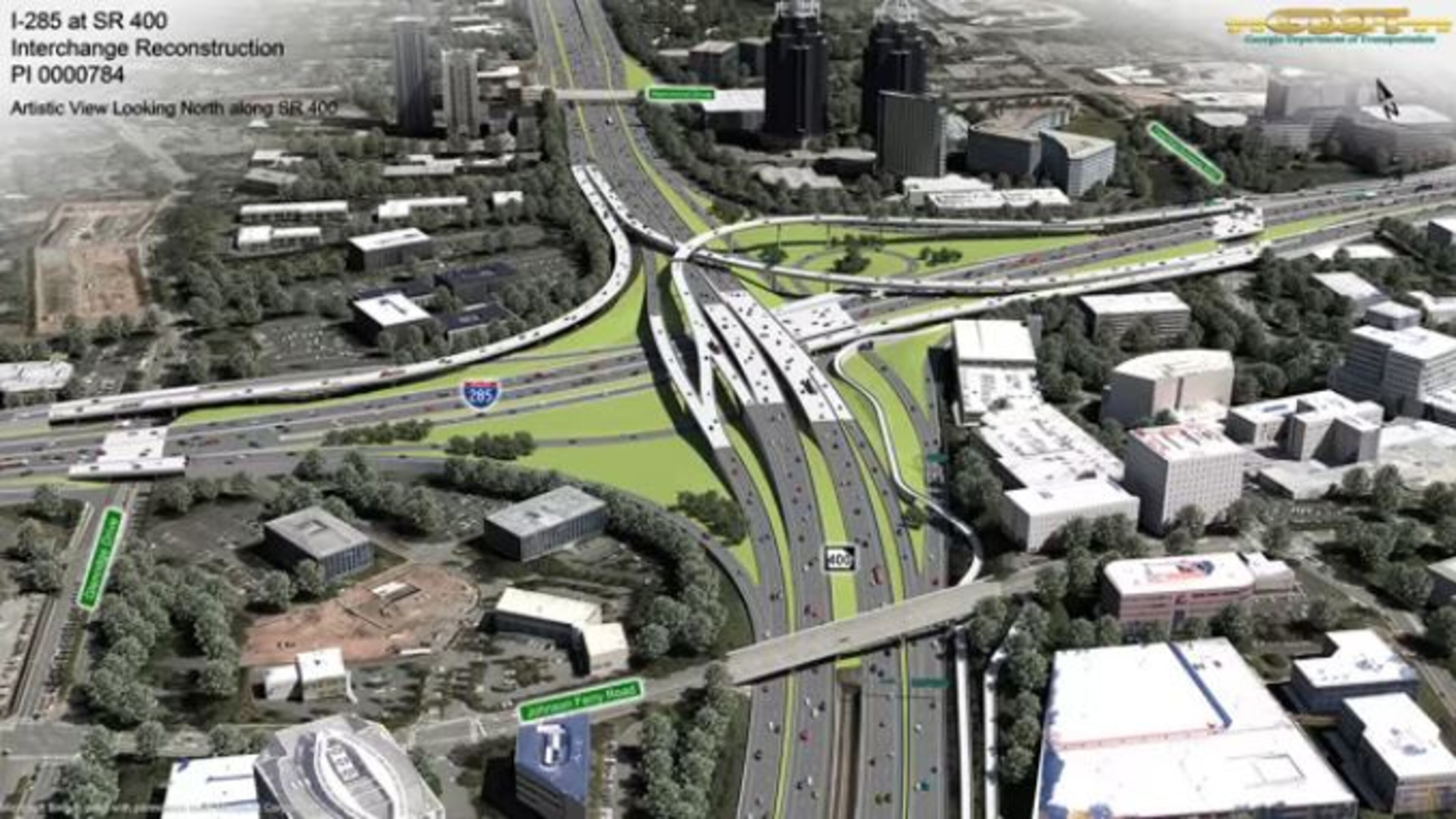 Work on the project to improve the Interstate 285/GA 400 interchange will cause overnight lane closures. Courtesy of GDOT