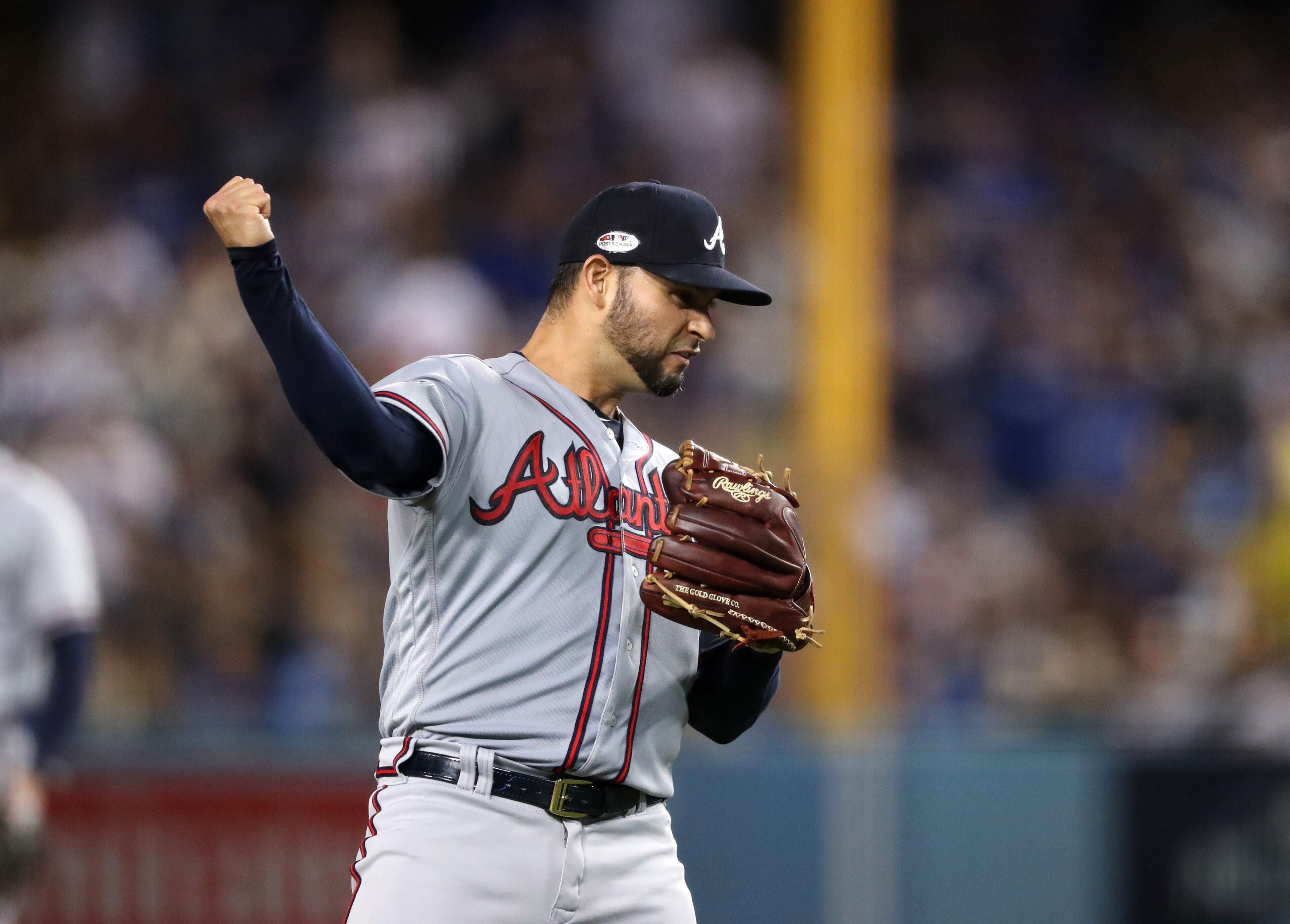 October 5, 2018 - Los Angeles: Atlanta Braves starting pitcher Anibal Sanchez reacts after left fielder Ronald Acuna (not pictured) made a catch for an out to end the fourth inning against the Los Angeles Dodgers in Game 2 of a National League Division Series baseball game Friday, October 5, 2018, in Los Angeles. (JASON GETZ/SPECIAL TO THE AJC)