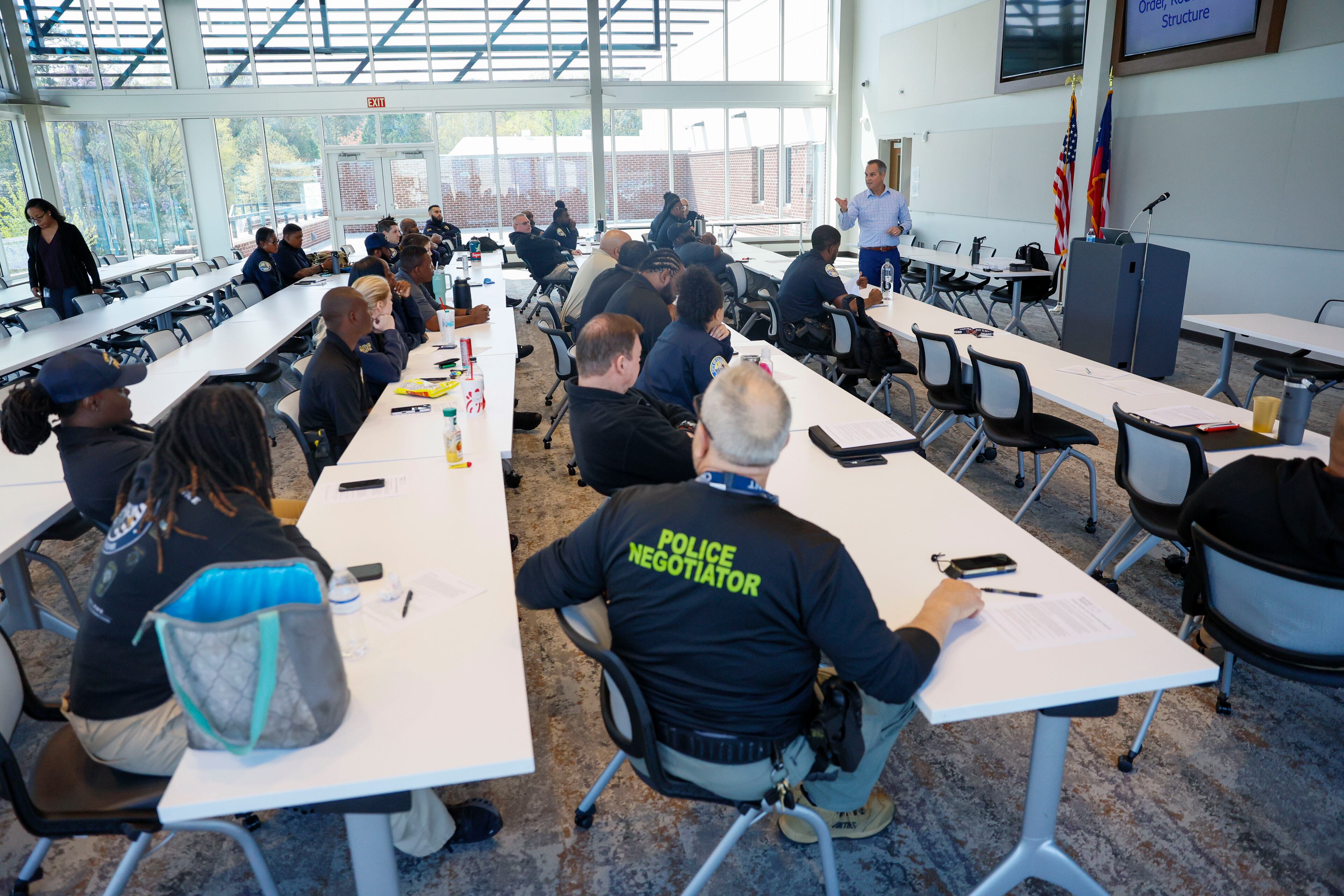 Bart Barta with Autism Safety 101 conducts training for officers and other law enforcement partners at Chamblee Police Department on Tuesday, April 1, 2025. The training aims to help officers evaluate, identify and encounter people with autism to minimize the use of force.
(Miguel Martinez/ AJC)