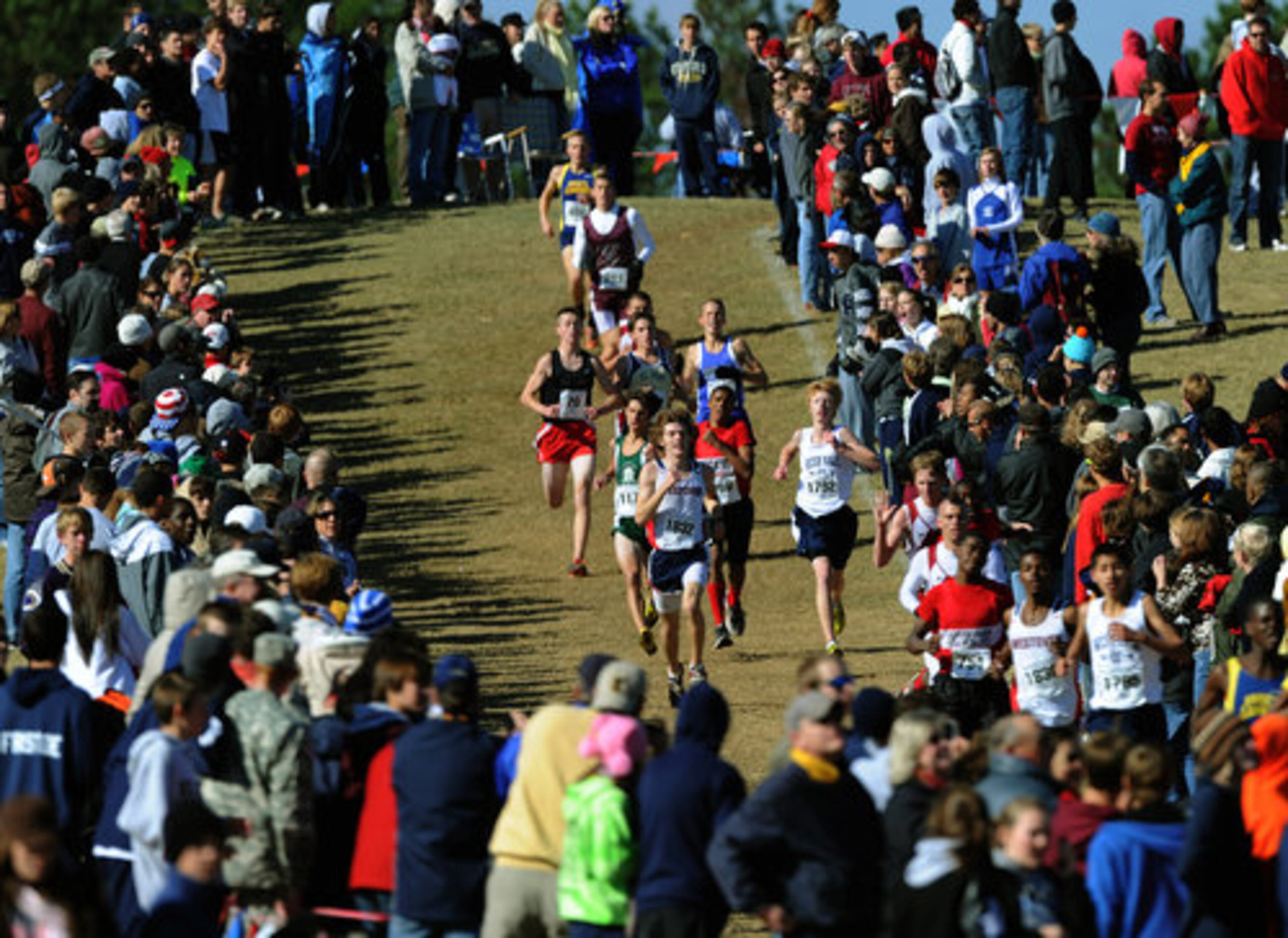 Hundreds of fans watch the Class AAA boys run down hill during the Georgia High School Association State Cross Country Championship at Carrolton High School on Saturday, Nov. 6, 2010.