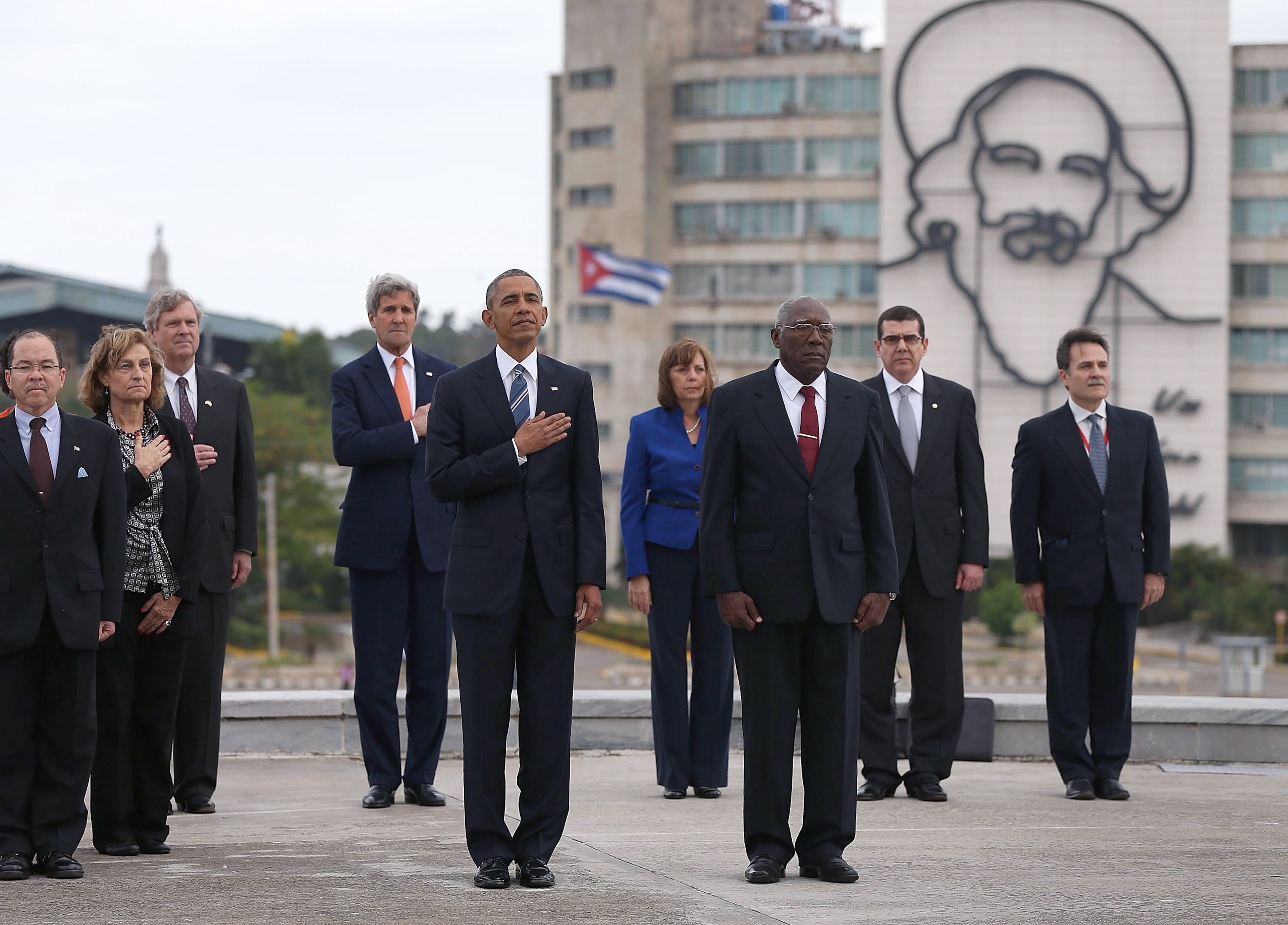 HAVANA, CUBA - MARCH 21: President Barack Obama stands with Salvador Sanchez Mesa, Vice President of the Council of Ministry, as they take part in a wreath laying ceremony at the Jose Marti memorial in Revolution Square on March 21, 2016 in Havana, Cuba. Mr. Obama's visit is the first in nearly 90 years for a sitting president, the last one being Calvin Coolidge. (Photo by Joe Raedle/Getty Images)