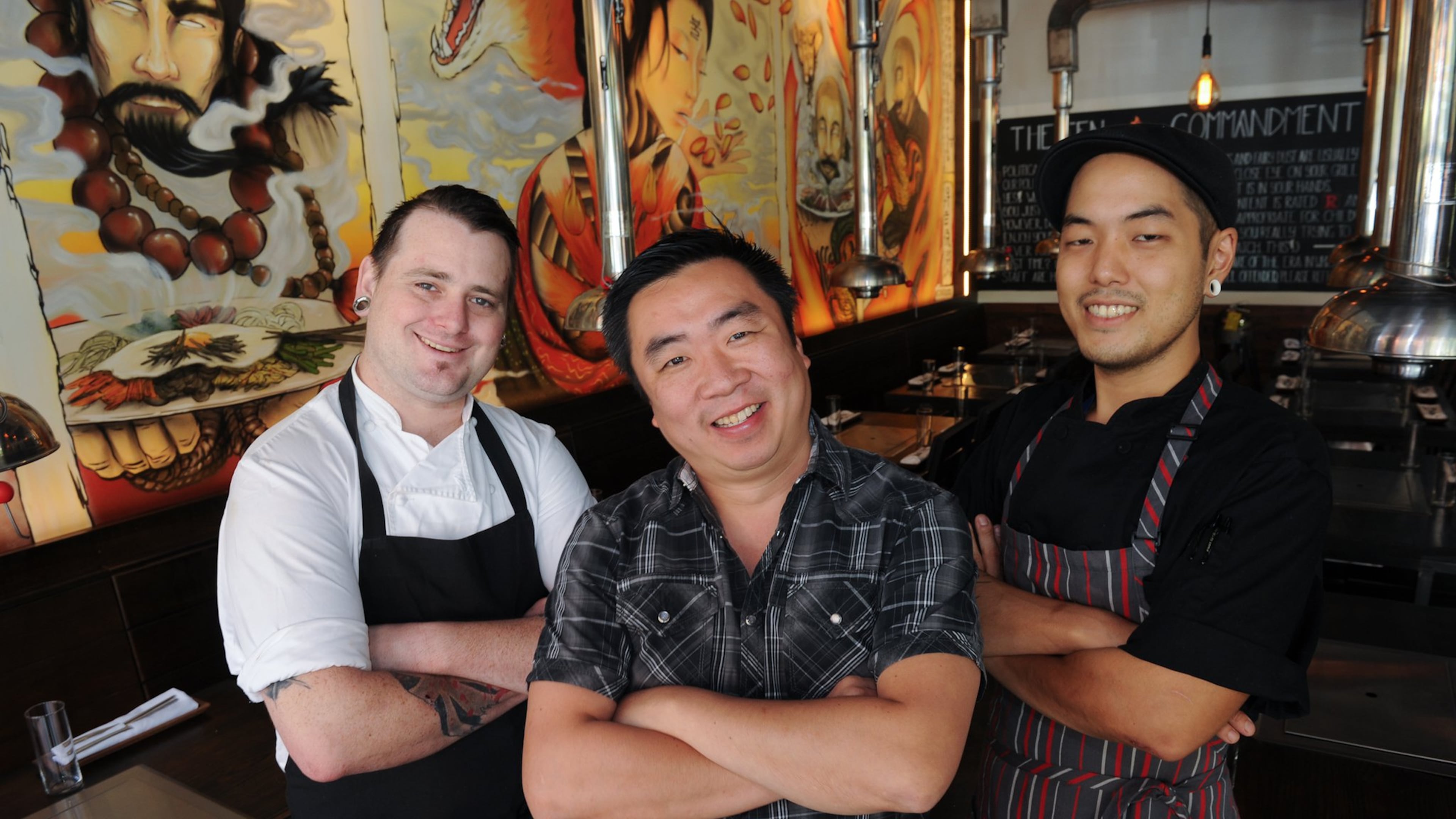 Atlanta chef Richard Tang (center) has created a Facebook group called Quarantine Cuisine, where members share what they’ve been cooking during the coronavirus pandemic, ask questions and watch Tang’s comedic Facebook Live sessions. With Tang in this shot from 2016 are chefs Ryan Catherall (left) and Shaun Byun. CONTRIBUTED BY BECKY STEIN PHOTOGRAPHY