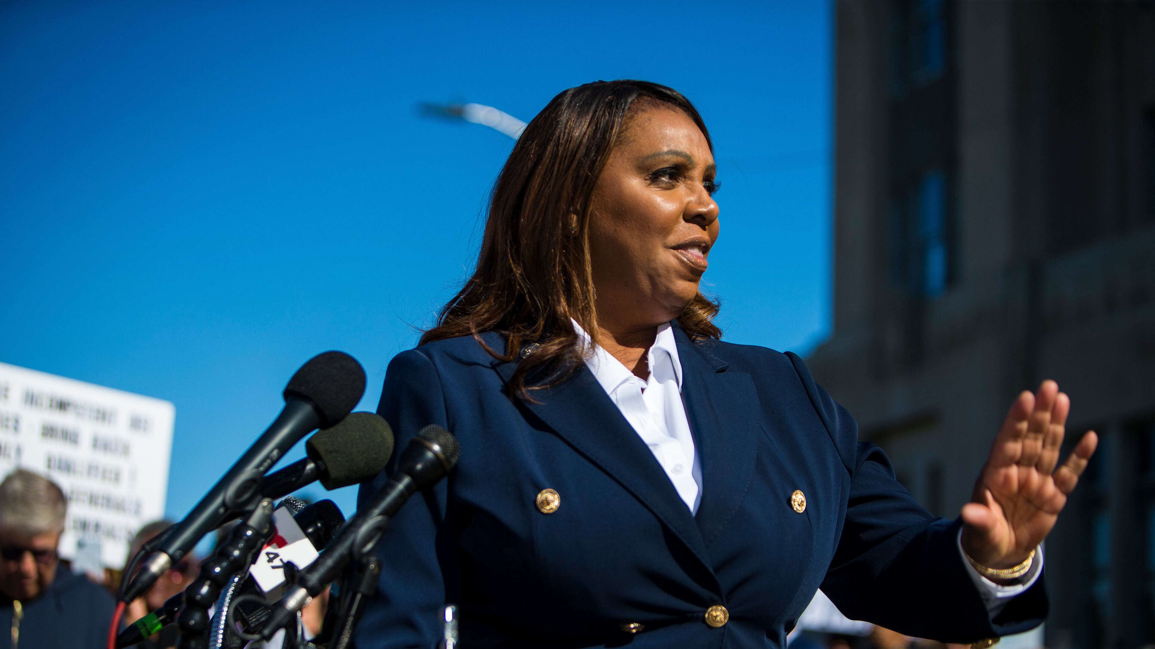 FILE - New York Attorney General, Letitia James, speaks after pleading not guilty outside the United States District Court, on Oct. 24, 2025, in Norfolk, Va. (AP Photo/John Clark, File)