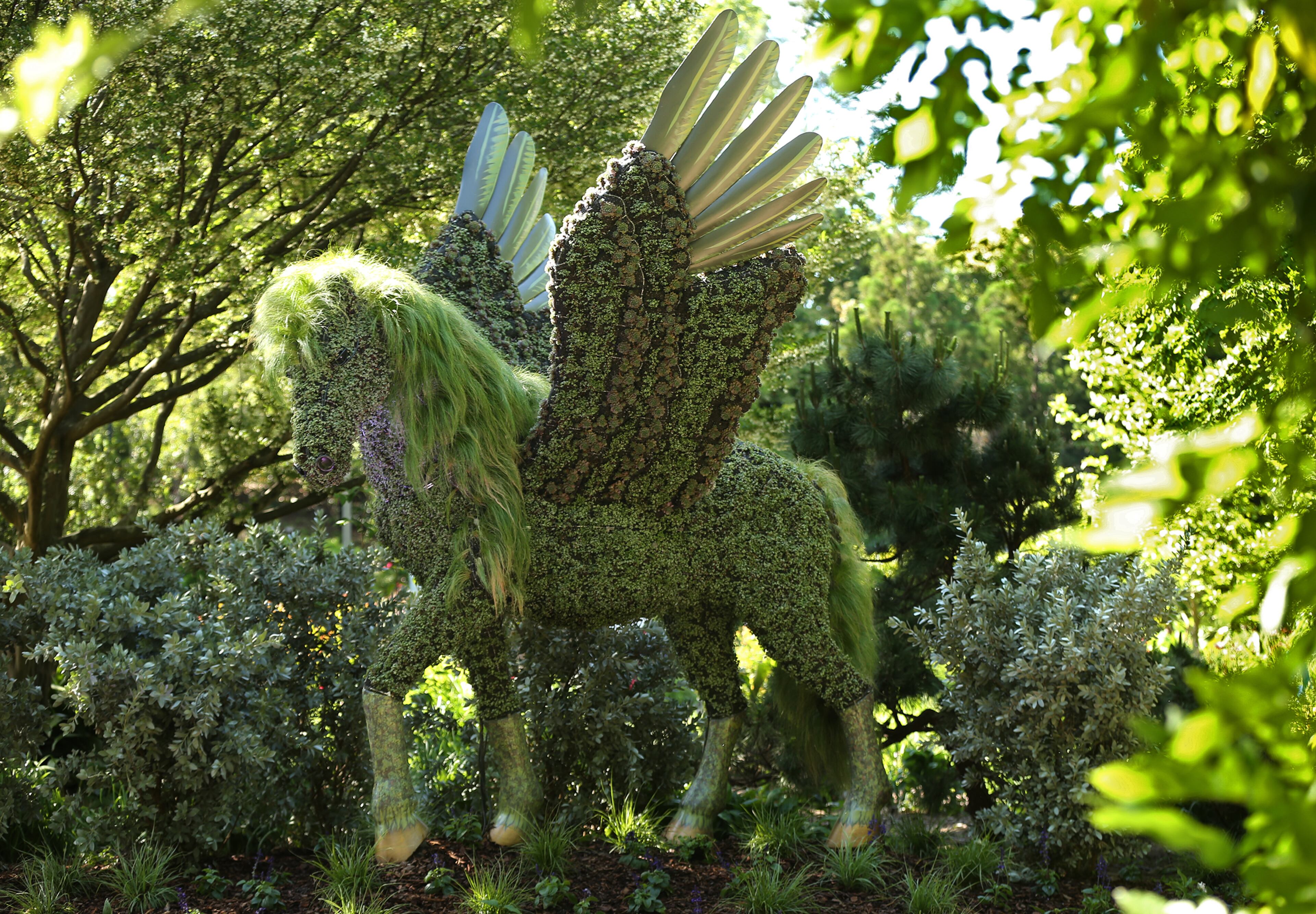 The Pegasus sculpture in the perennial garden is one of the delicate works of art in Imaginary Worlds at Atlanta Botanical Gardens on Monday, April 30, 2018, in Atlanta. Curtis Compton/ccompton@ajc.com