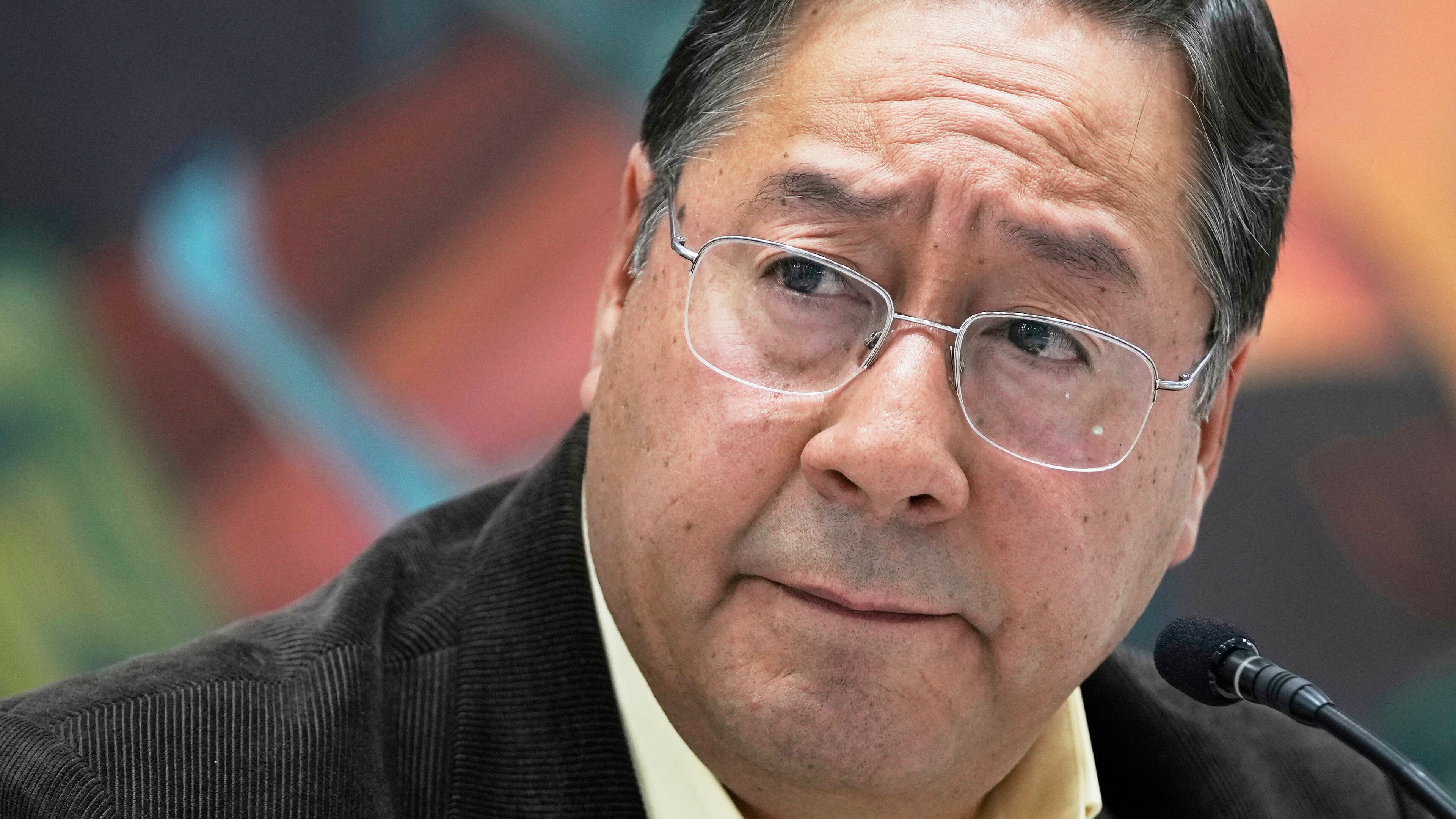 FILE - Bolivia's President Luis Arce listens to questions during a press conference at the presidential palace in La Paz, Bolivia, Aug. 21, 2025. (AP Photo/Juan Karita, File)