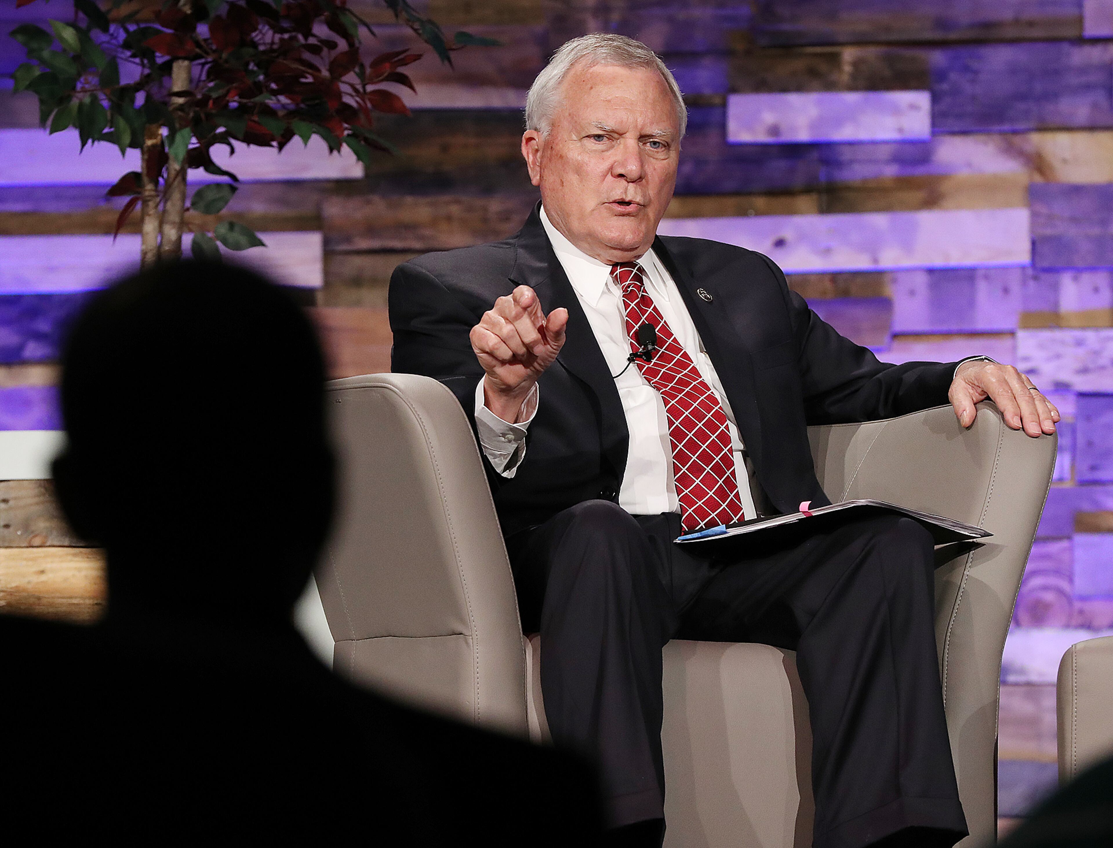 Gov. Nathan Deal discusses the Opportunity School District referendum with moderator Karen Greer (not shown) and members of the audience at Impact Church on Tuesday, Oct. 25, 2016, in East Point. Curtis Compton /ccompton@ajc.com