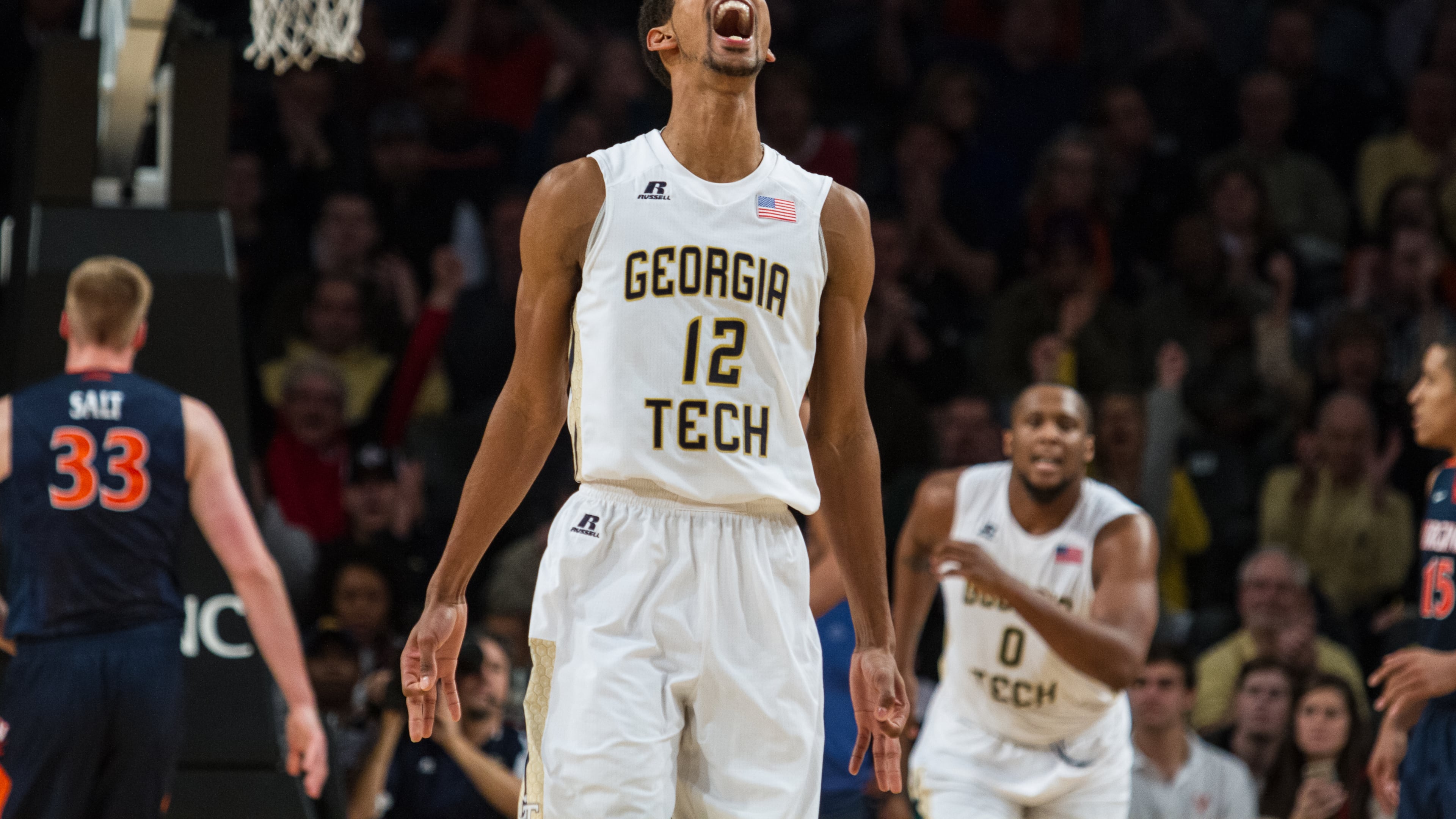 Ga. Tech's Quinton Stephens celebrates his three-pointer during their 68-64 ACC win against Virginia at McCamish Pavilion in Atlanta, Ga., Saturday, Jan. 9, 2016. Photo by Mikki K. Harris -----Five things to know about Virginia at Georgia Tech men's basketball