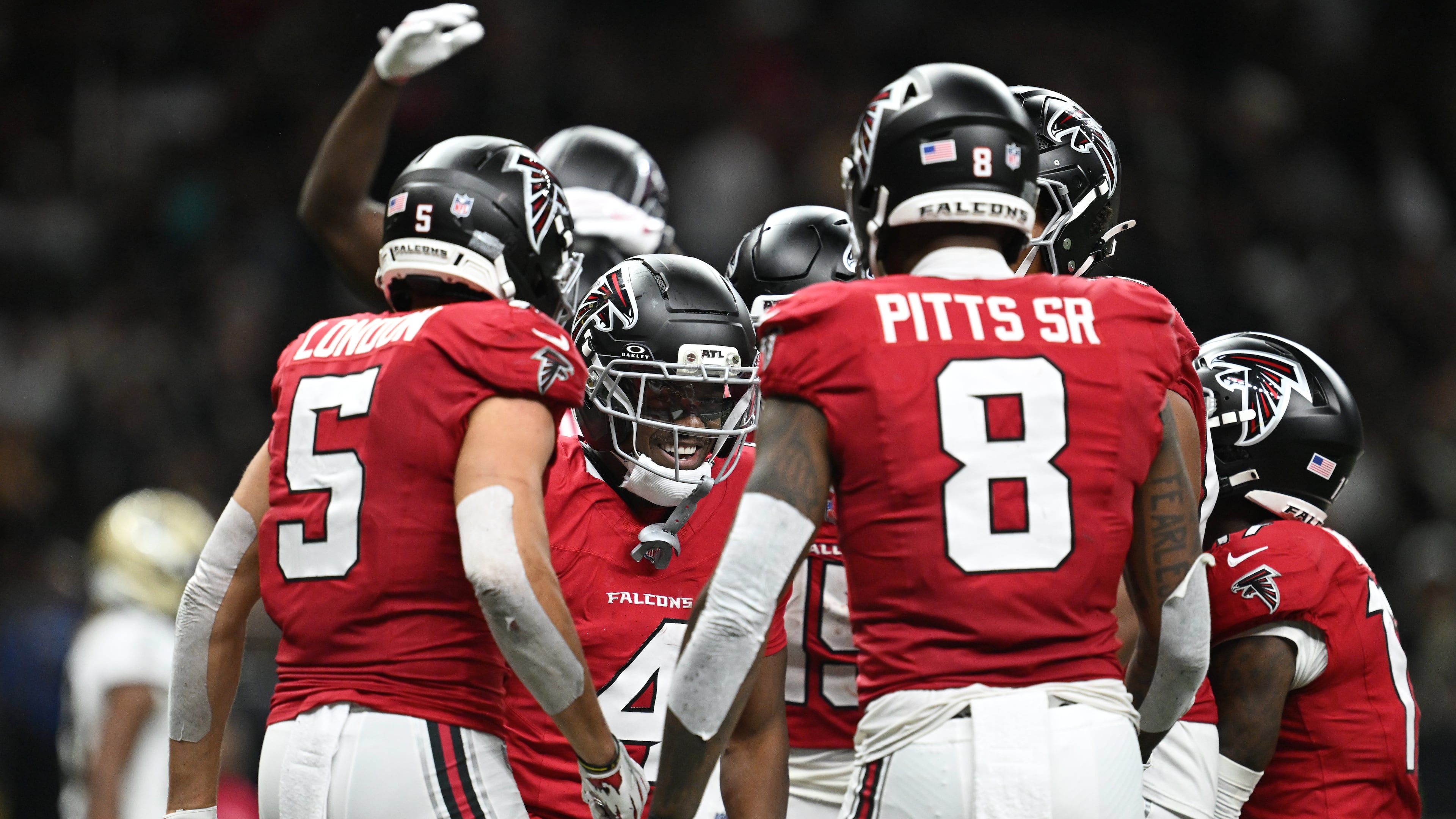 Falcons teammates congratulate wide receiver Jahan Dotson (center) after he scored in the second half against the Saints on Monday, Oct. 5, 2026, in New Orleans. Atlanta won 45-24. (Ella Hall/AP)