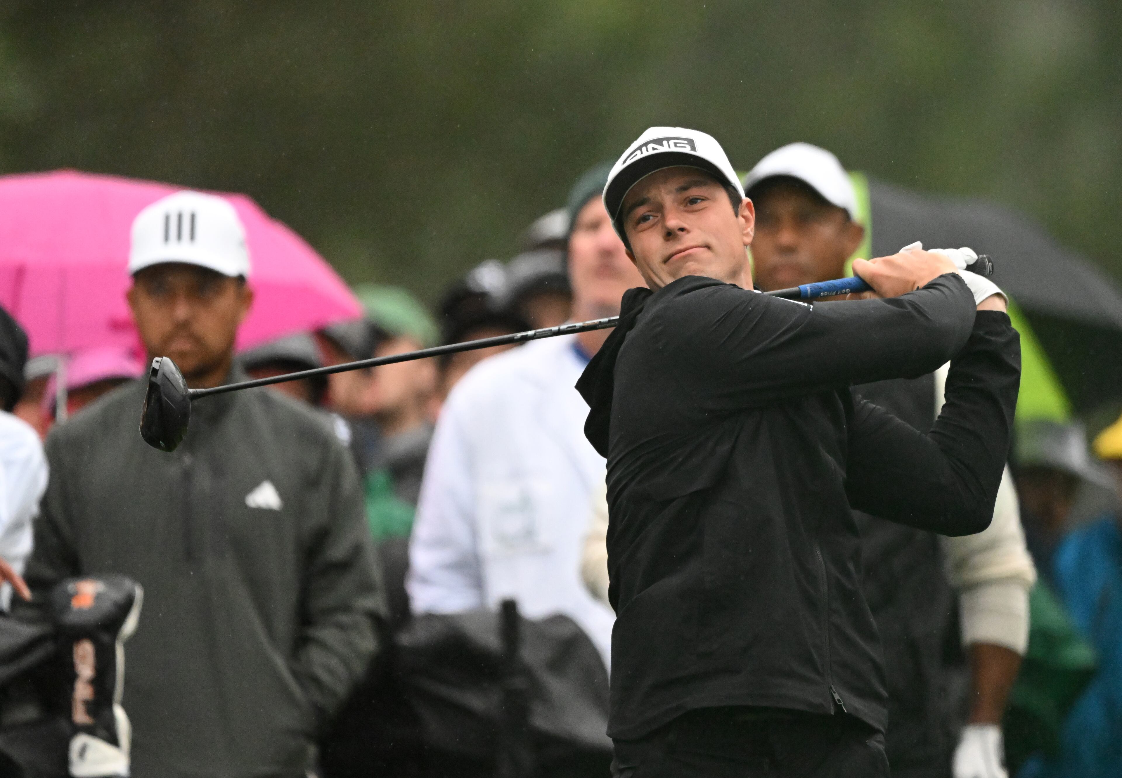 Viktor Hovland hits from 18th tee during second round of the 2023 Masters Tournament at Augusta National Golf Club, Saturday, April 8, 2023, in Augusta, Ga. (Hyosub Shin / Hyosub.Shin@ajc.com)