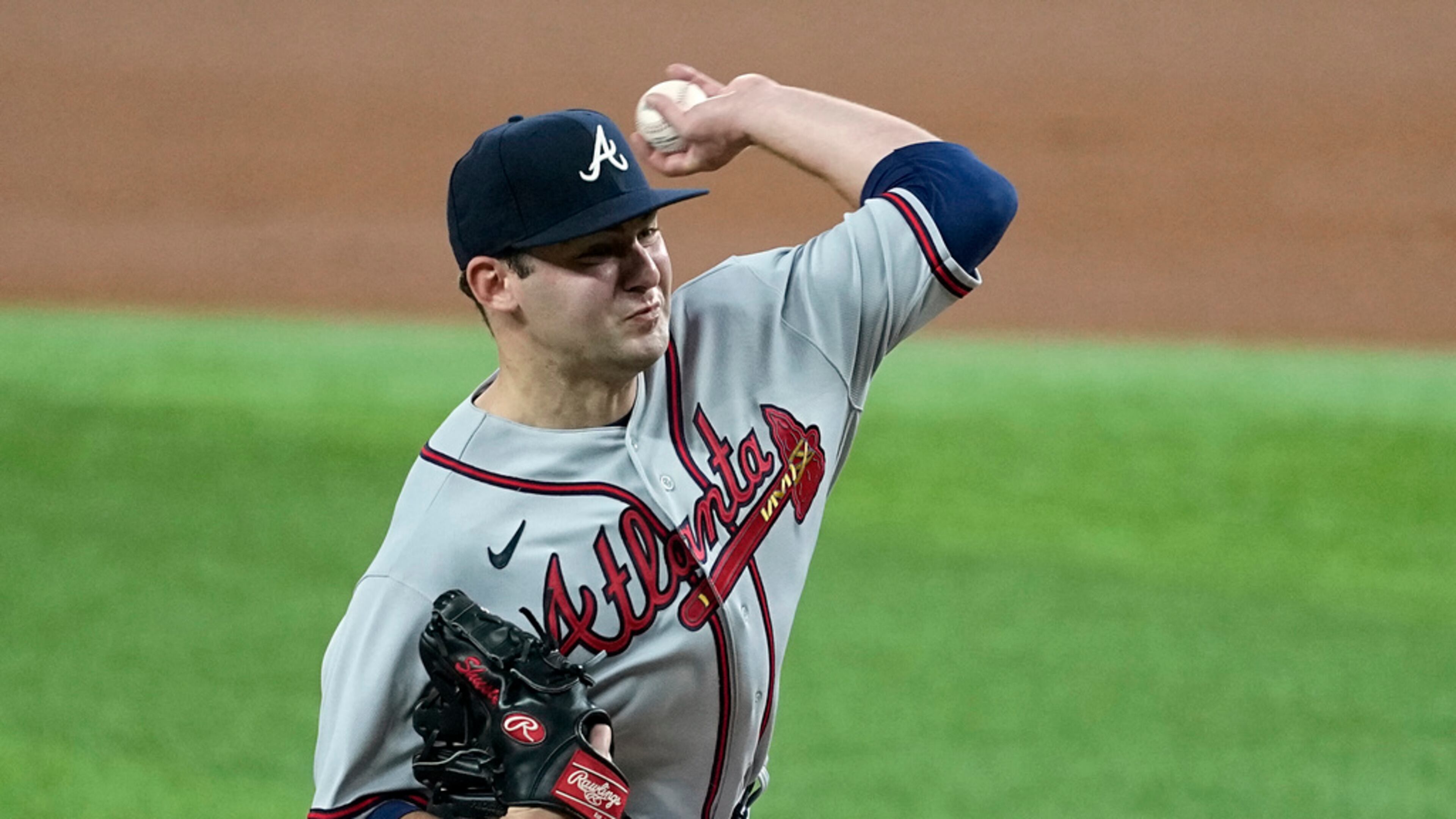 Braves starting pitcher Jared Shuster throws to the Texas Rangers in the first inning of a baseball game, Tuesday, May 16, 2023, in Arlington, Texas. (AP Photo/Tony Gutierrez)