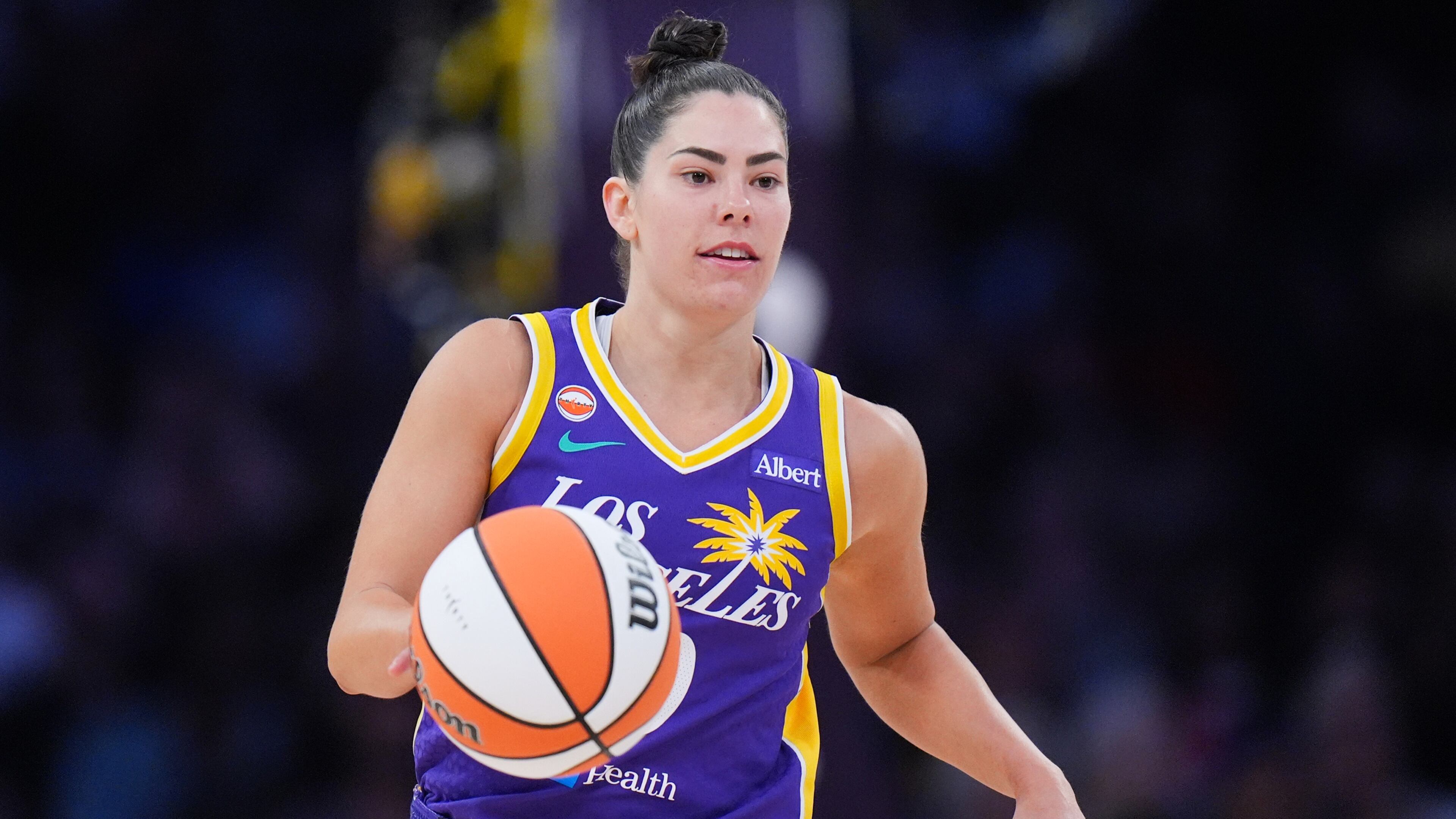 FILE - Los Angeles Sparks guard Kelsey Plum dribbles during the second half of a WNBA basketball game against the Indiana Fever, May 13, 2026, in Los Angeles. (AP Photo/Jae C. Hong, File)
