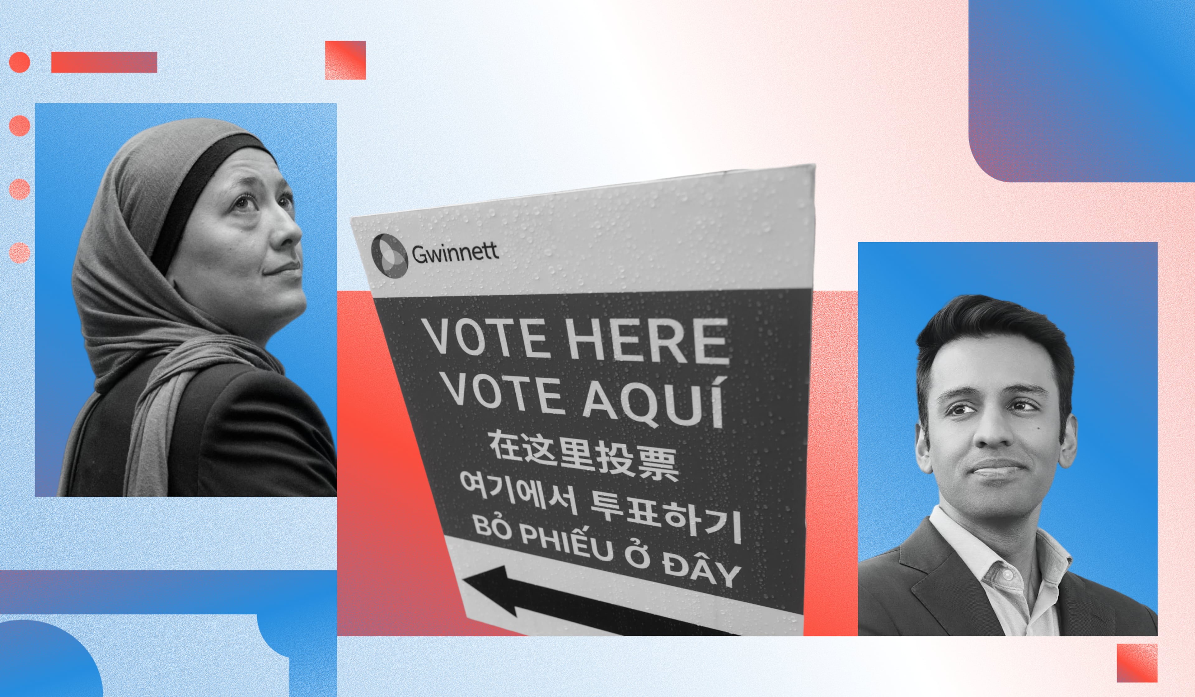 State Rep. Ruwa Romman (left) and civil rights attorney Rahul Garabadu are vying for a Georgia Senate seat. (Photo illustration source: Arvin Temkar for the AJC)