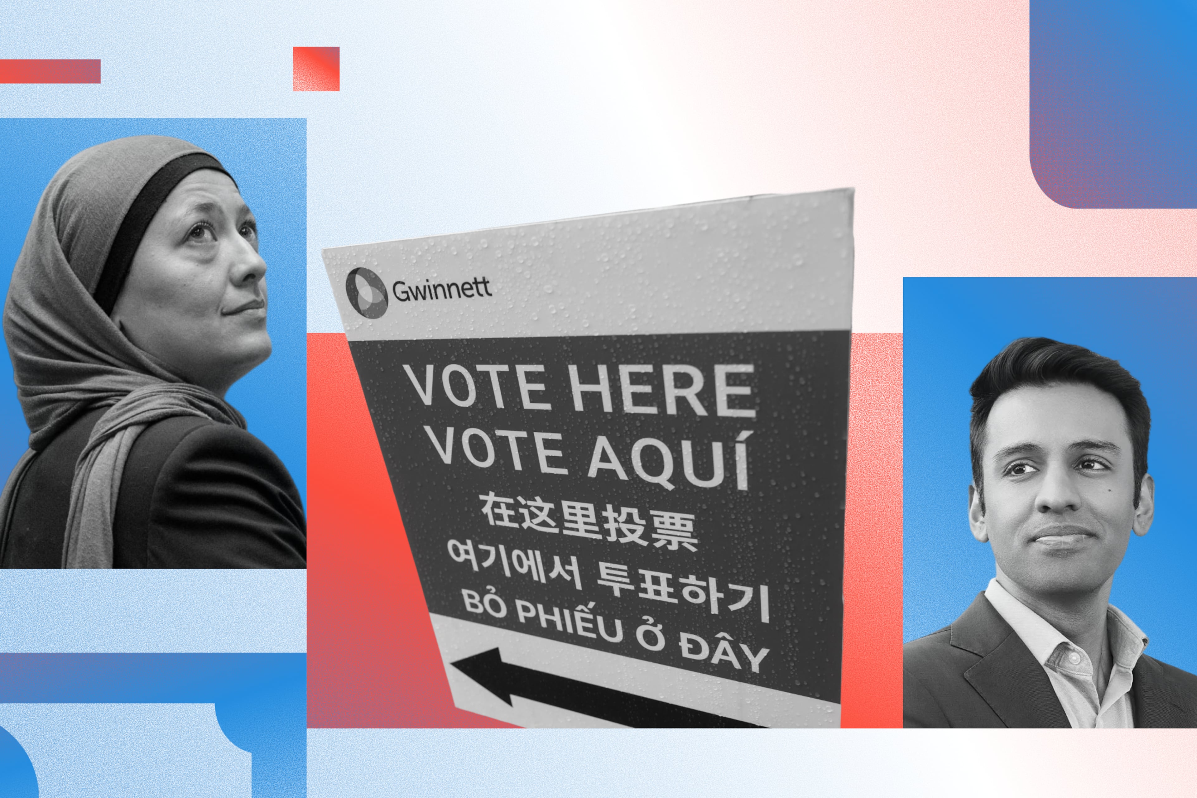 State Rep. Ruwa Romman (left) and civil rights attorney Rahul Garabadu are vying for a Georgia Senate seat. (Photo Illustration: AJC | Source: Arvin Tempkar for the AJC, File)