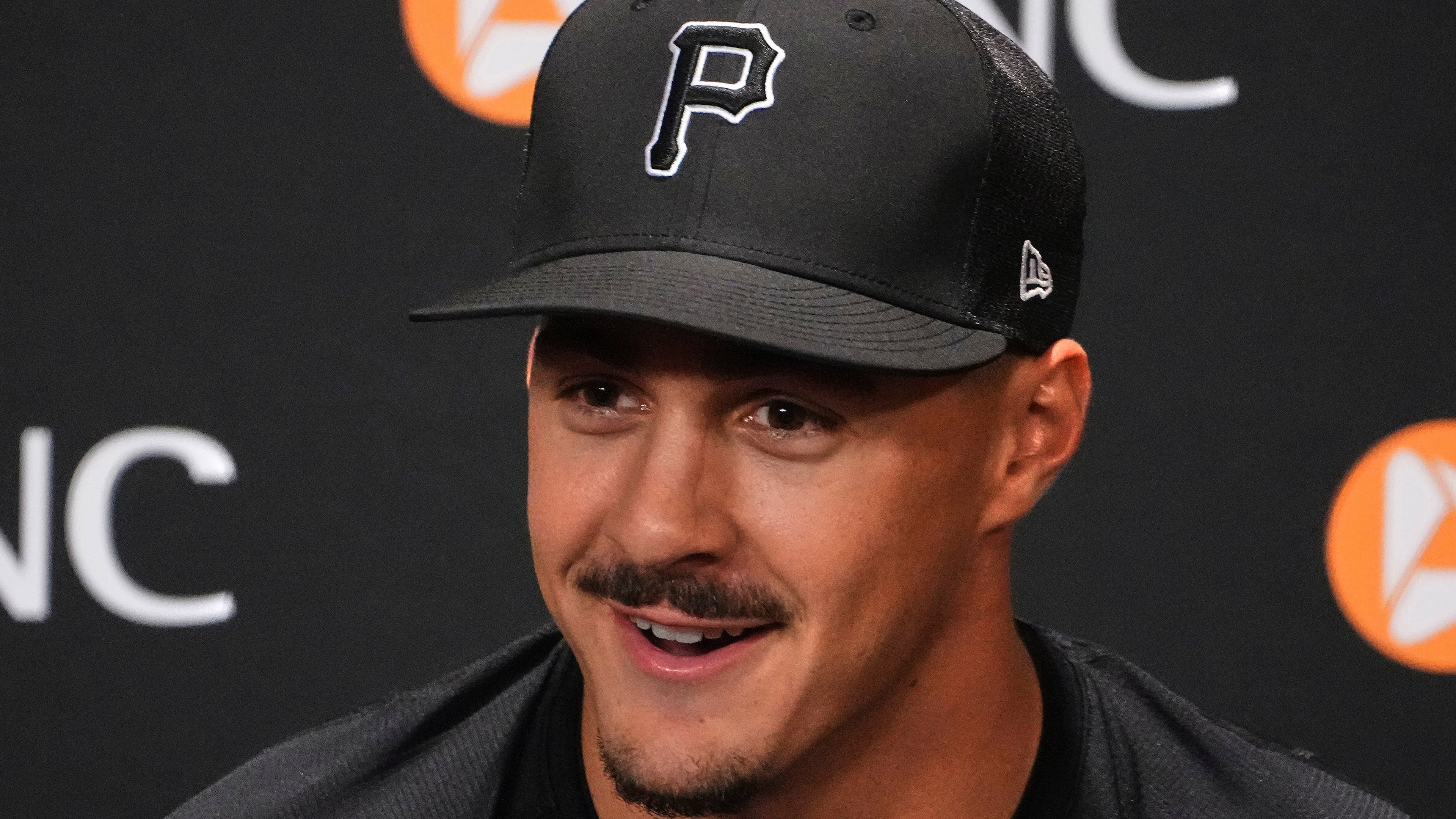 Pittsburgh Pirates' Konnor Griffin meets with reporters before making his Major League Baseball debut in the Pirates' home-opener against the Baltimore Orioles, Friday, April 3, 2026, in Pittsburgh. (AP Photo/Gene J. Puskar)