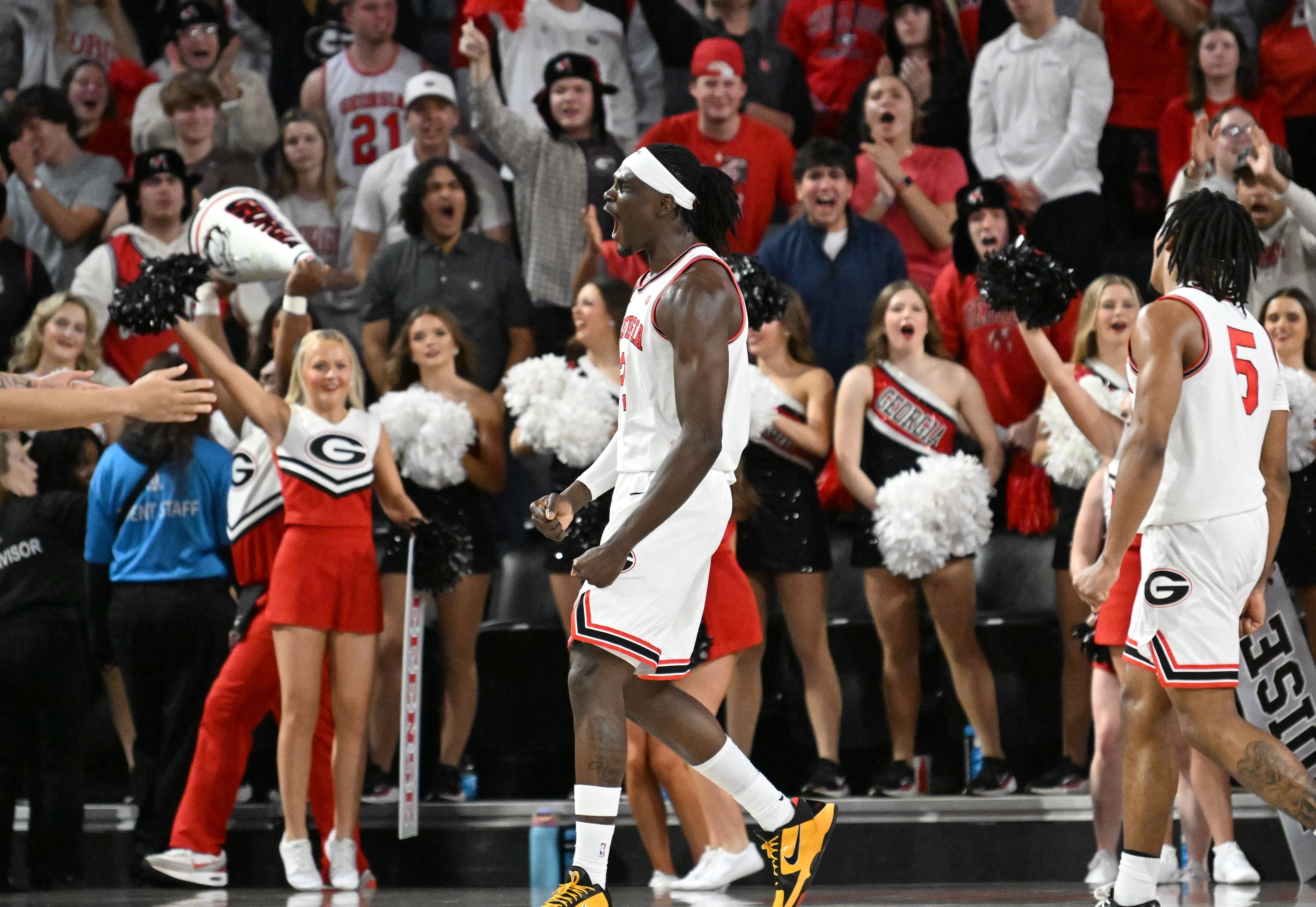 Georgia center Somto Cyril reacts during the second half in an NCAA college basketball game at Stegeman Coliseum, Saturday, Jan. 17, 2026, in Athens. Georgia won 90-76 over Arkansas. (Hyosub Shin/AJC)