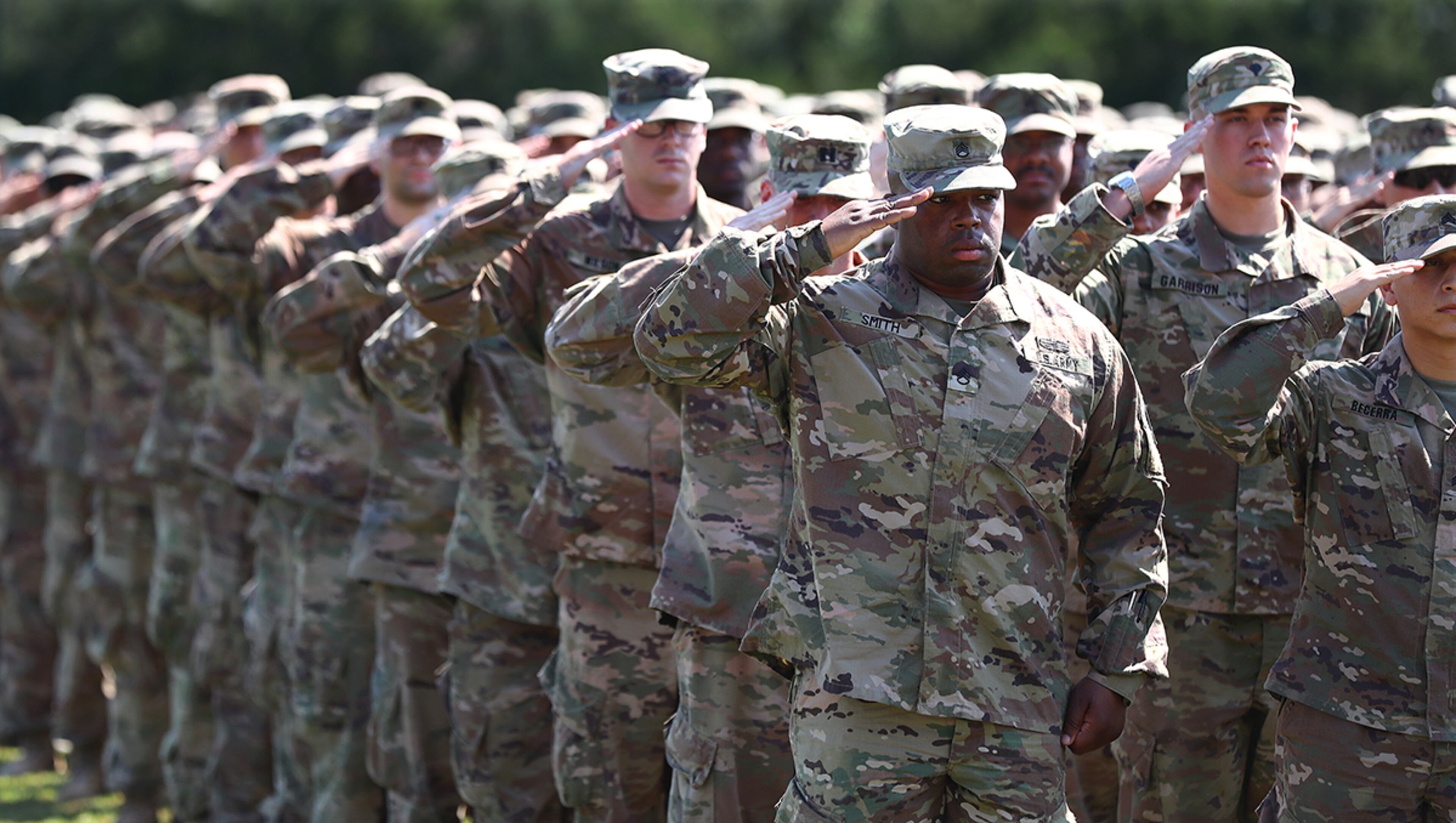 July 30, 2019 Fort Stewart: Soldiers of the 48th Infantry Brigade Combat Team representing units from across the state salute their commanders and loved ones at Cottrell Field as they return home from deployment to Afghanistan in support of Operation Resolute Support on Tuesday, July 30, 2019, at Fort Stewart. Curtis Compton/ccompton@ajc.com