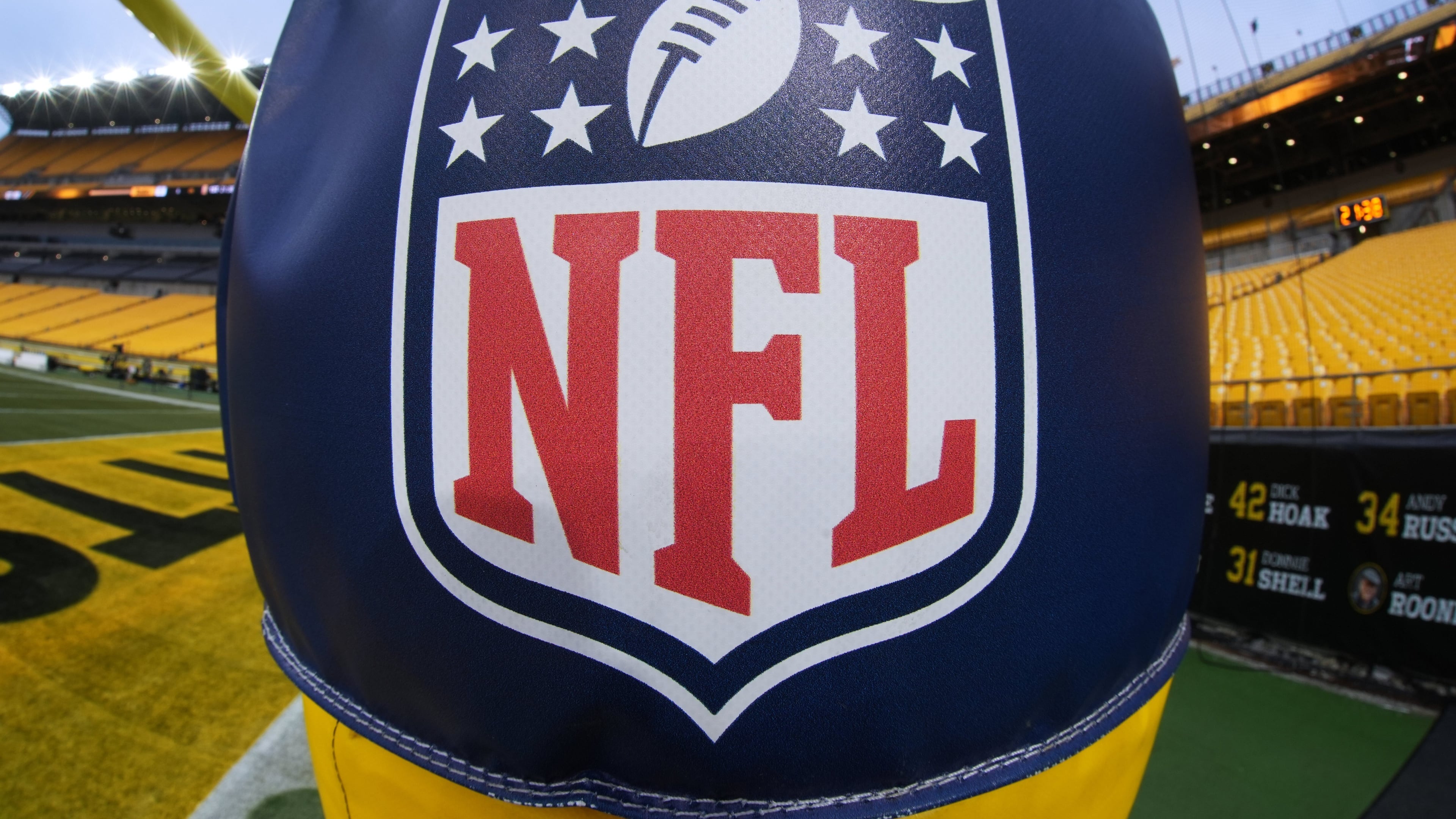 FILE - The NFL logo is displayed on a goal post at Acrisure Stadium before an NFL football game between the Pittsburgh Steelers and the Baltimore Ravens in Pittsburgh Jan. 4, 2026. (AP Photo/Gene J. Puskar, File)