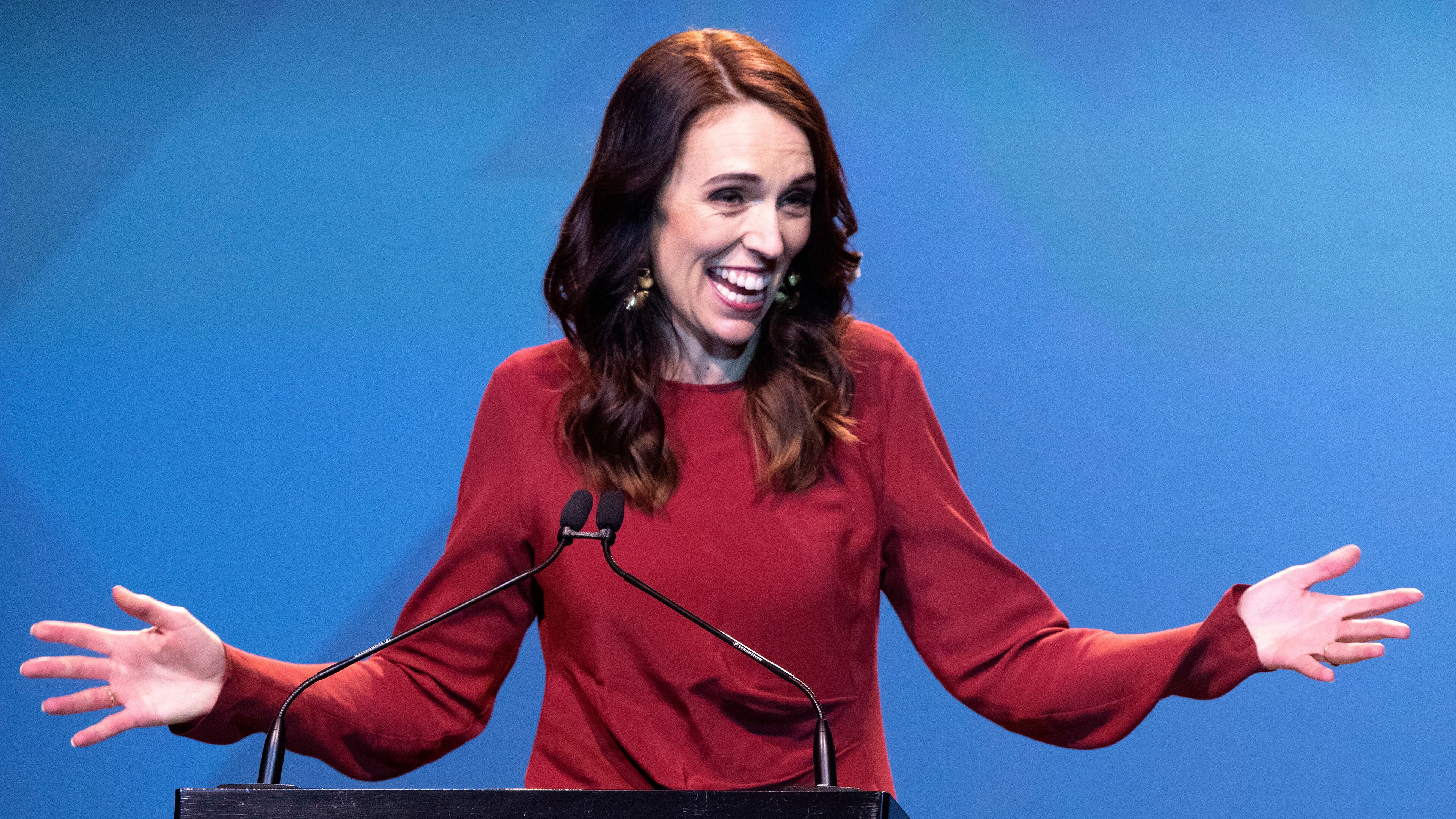 FILE - New Zealand Prime Minister Jacinda Ardern gestures as she gives her victory speech to Labour Party members at an event in Auckland, New Zealand, Oct. 17, 2020. (AP Photo/Mark Baker, File)