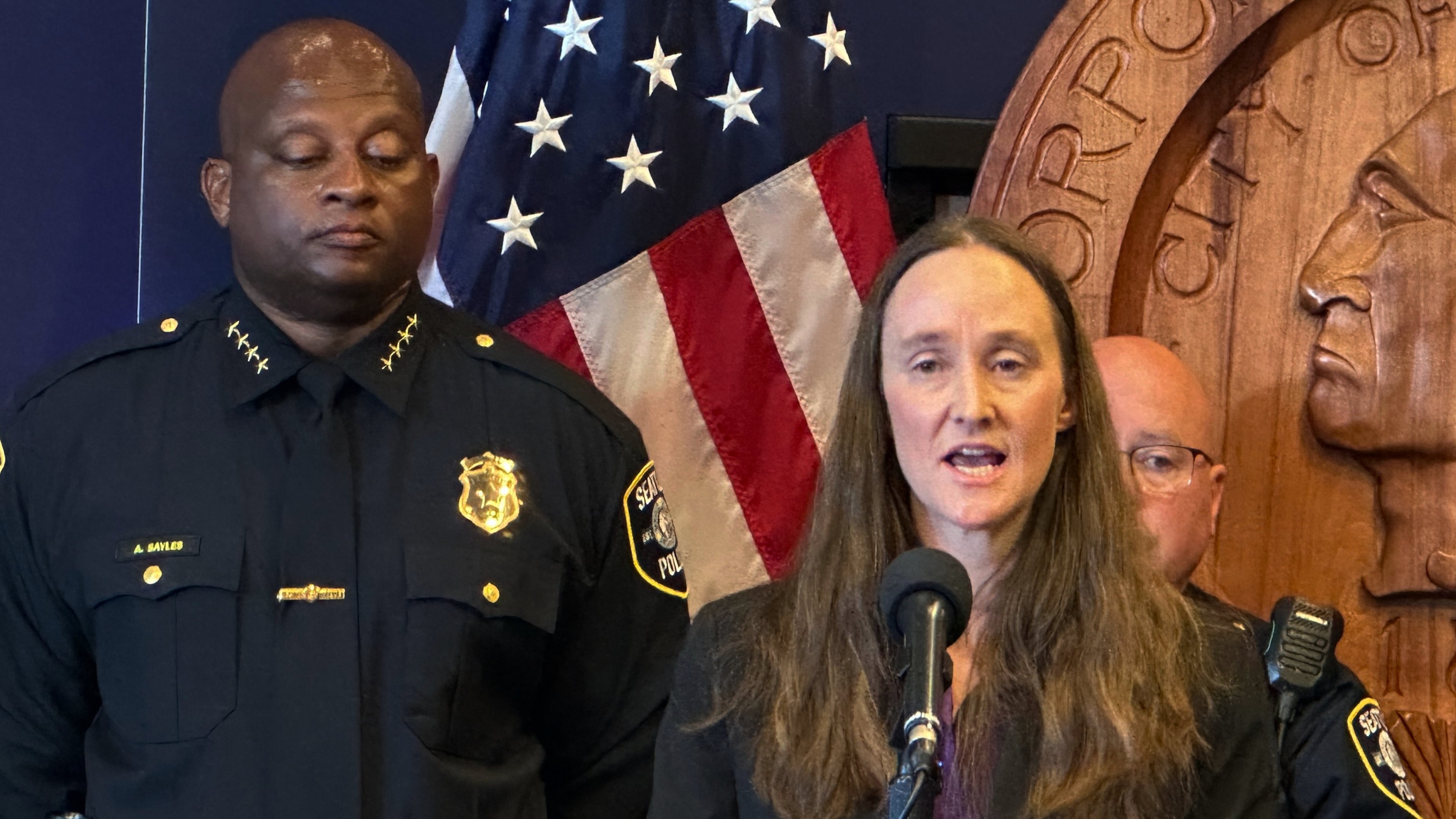 Seattle Mayor Katie Wilson holds a news conference to introduce Andre Sayles as interim police chief on Friday, July 31, 2026 in Seattle. (AP Photo/Manuel Valdes)