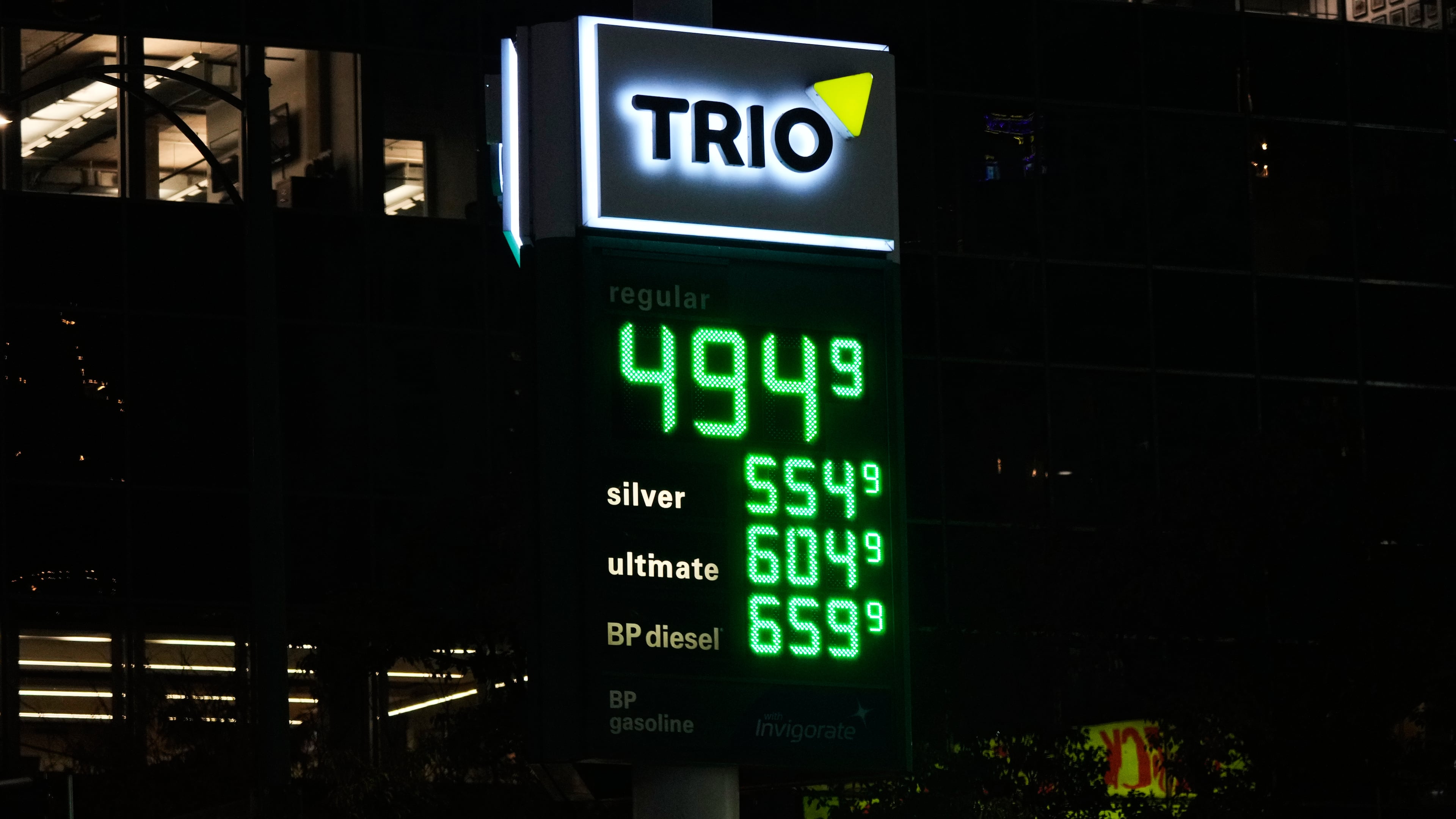 Gas prices are seen at a gas station in Chicago, Wednesday, Oct. 14, 2026. (AP Photo/Nam Y. Huh)