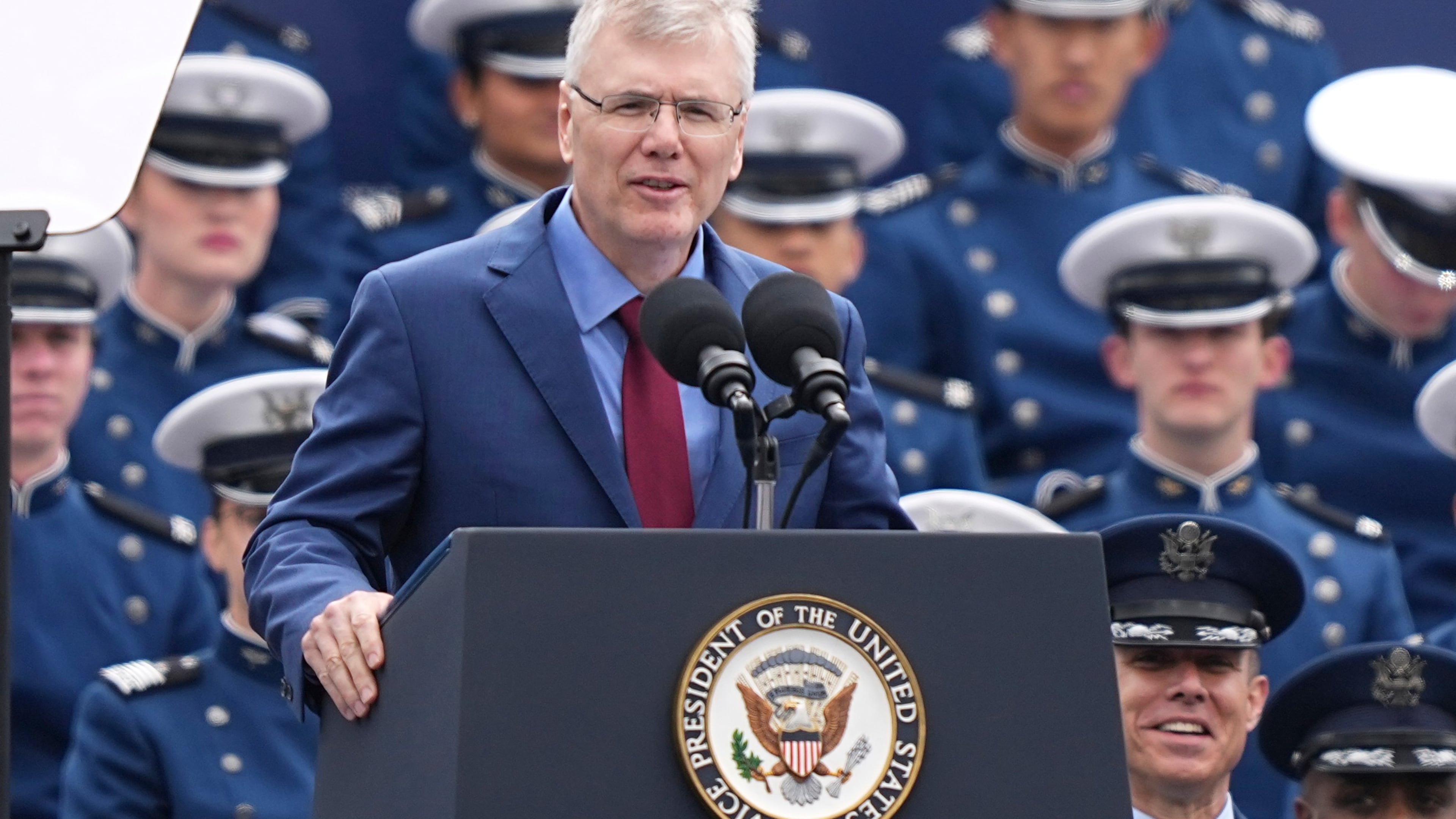 FILE - Secretary of the Air Force Troy Meink speaks during the United States Air Force Academy Graduation Ceremony at Falcon Stadium, Thursday, May 28, 2026, at the United States Air Force Academy in Colorado Springs, Colo. (AP Photo/Matt Rourke, Pool, File)