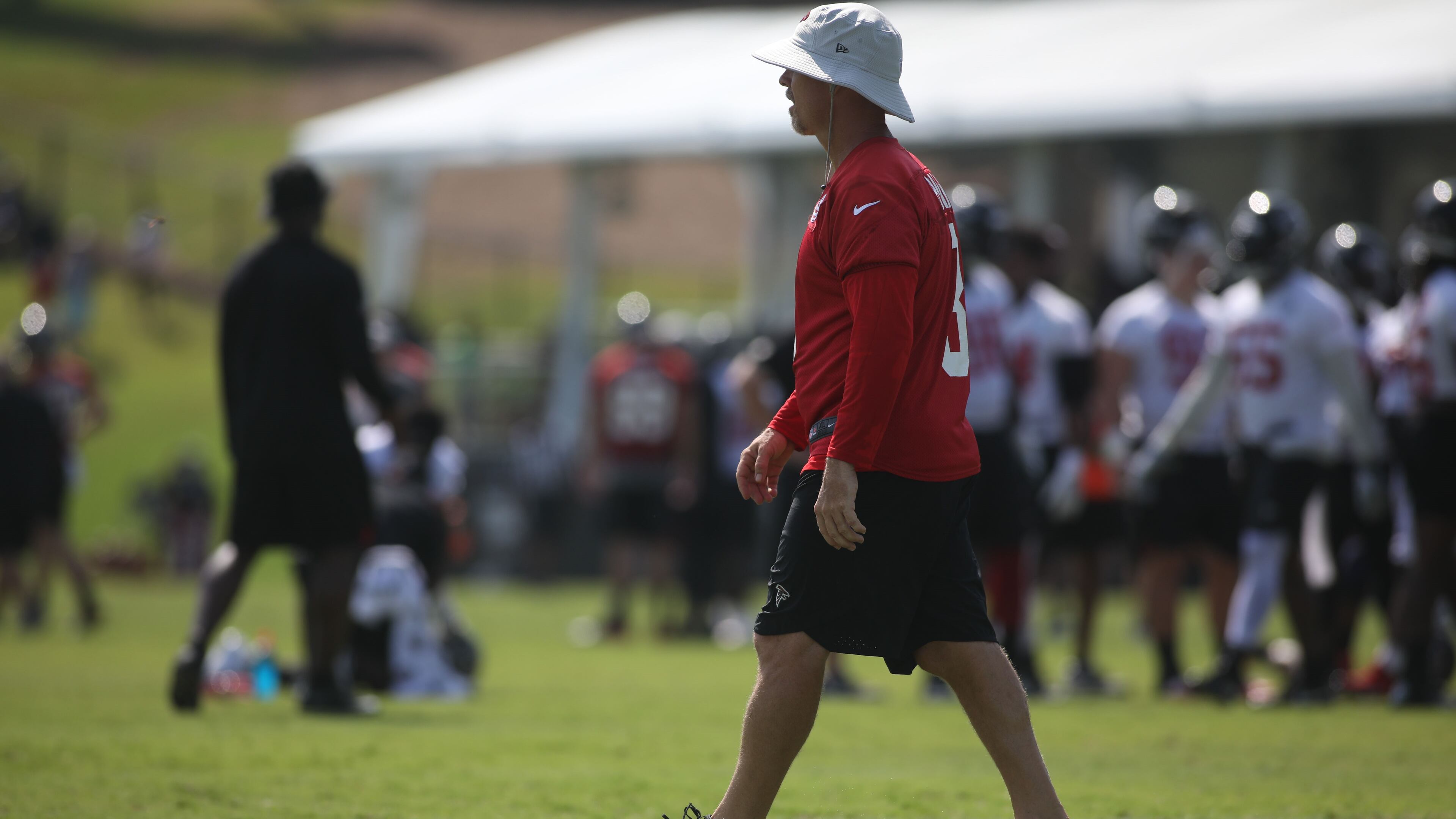 Kicker Matt Bryant walks on the field during training camp, Saturday, July 28, 2018, in Flowery Branch, Ga. BRANDEN CAMP/SPECIAL