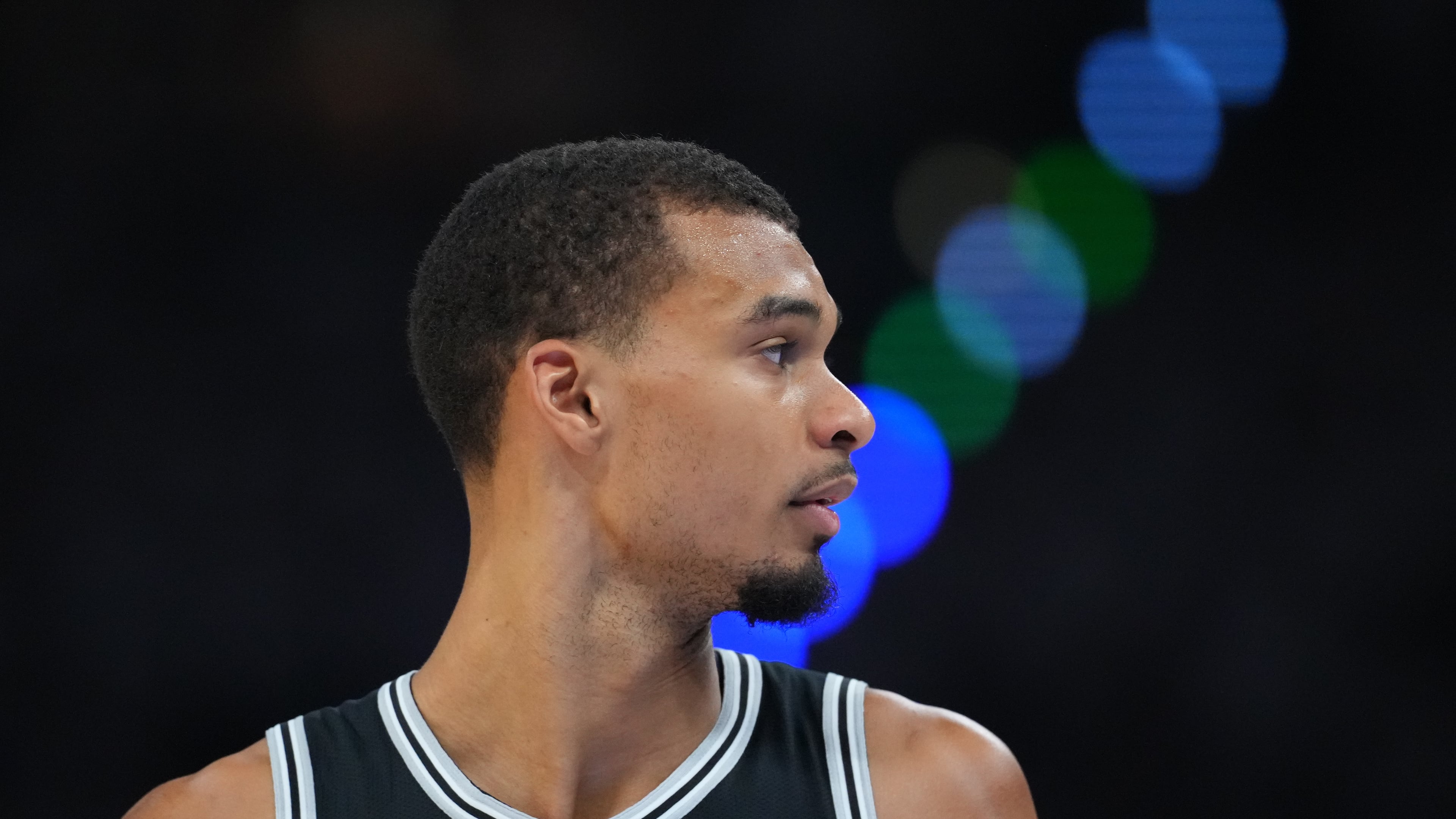San Antonio Spurs forward Victor Wembanyama (1) moves on the court against the Oklahoma City Thunder in the second half of Game 5 in the Western Conference finals NBA basketball playoffs series, Tuesday, May 26, 2026, in Oklahoma City. (AP Photo/Julio Cortez)