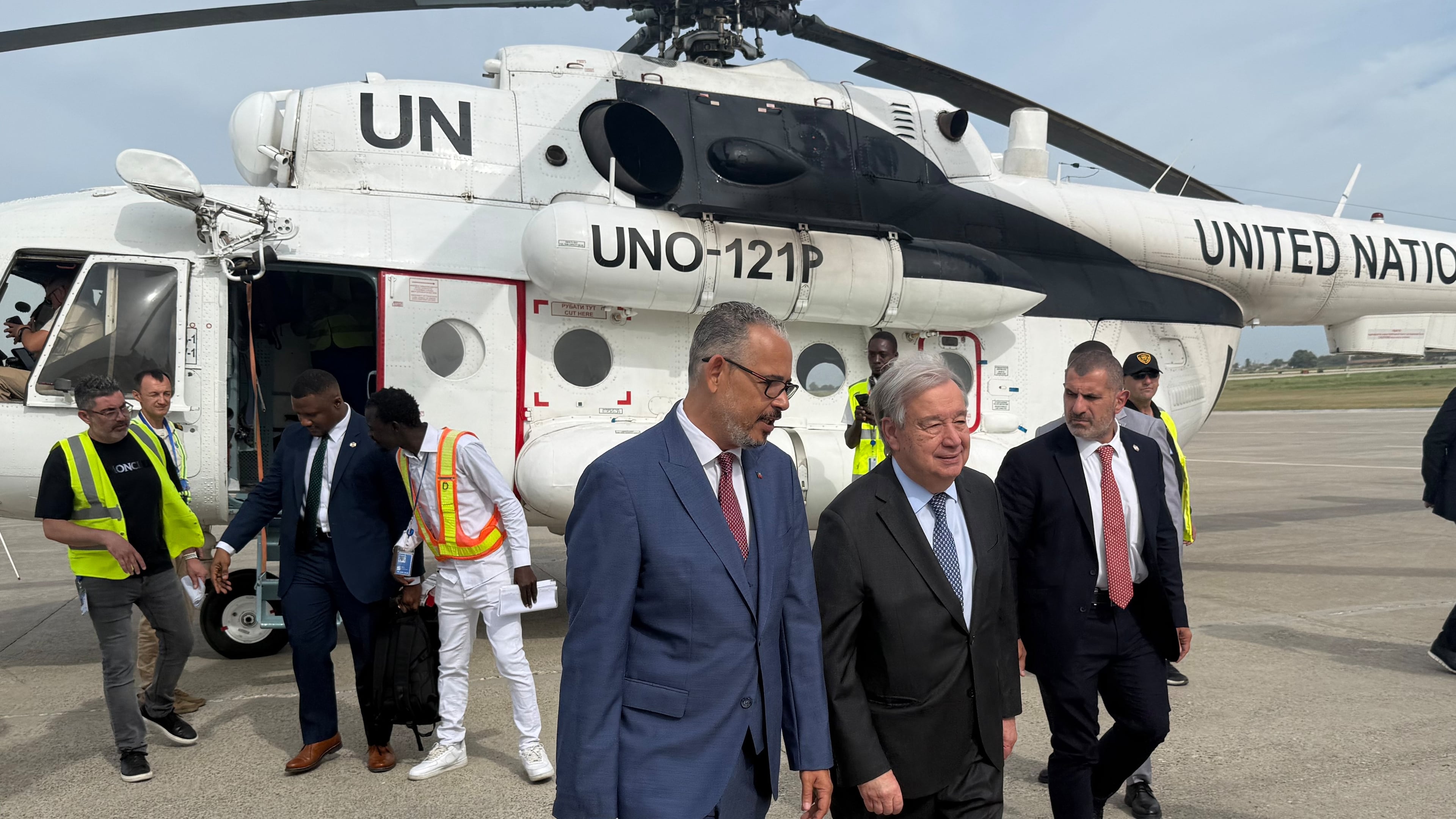 Haitian Prime Minister Alix Didier Fils-Aimé, front center, walks with U.N. Secretary-General Antonio Guterres as Guterres arrives to Port-au-Prince, Haiti, Tuesday, June 16, 2026. (AP Photo/Danica Coto)