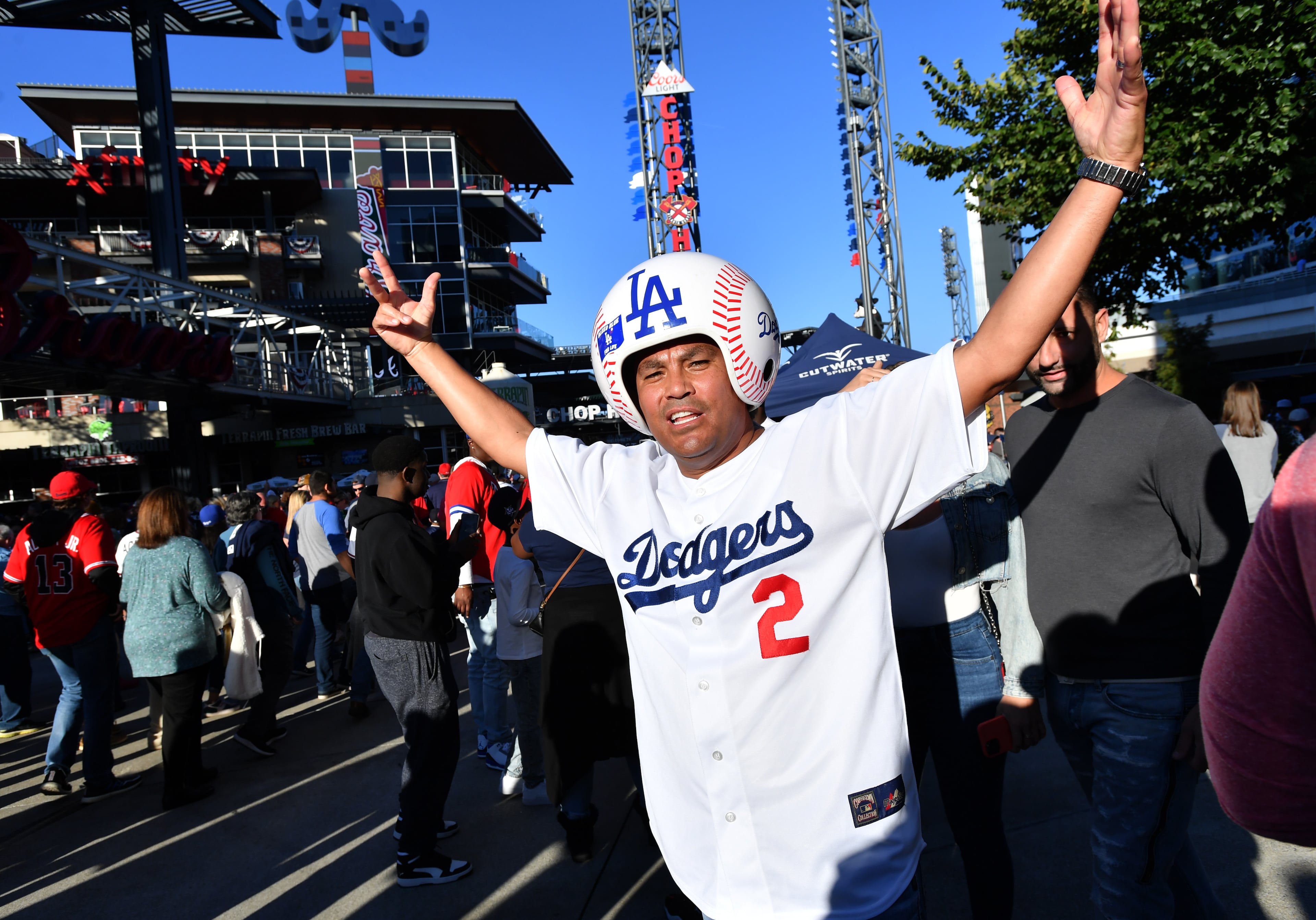 Art Majalca cheers at The Battery Atlanta prior to Game 6 of the National League Championship Series at Truist Park on Saturday, October 23, 2021. (Hyosub Shin / Hyosub.Shin@ajc.com)