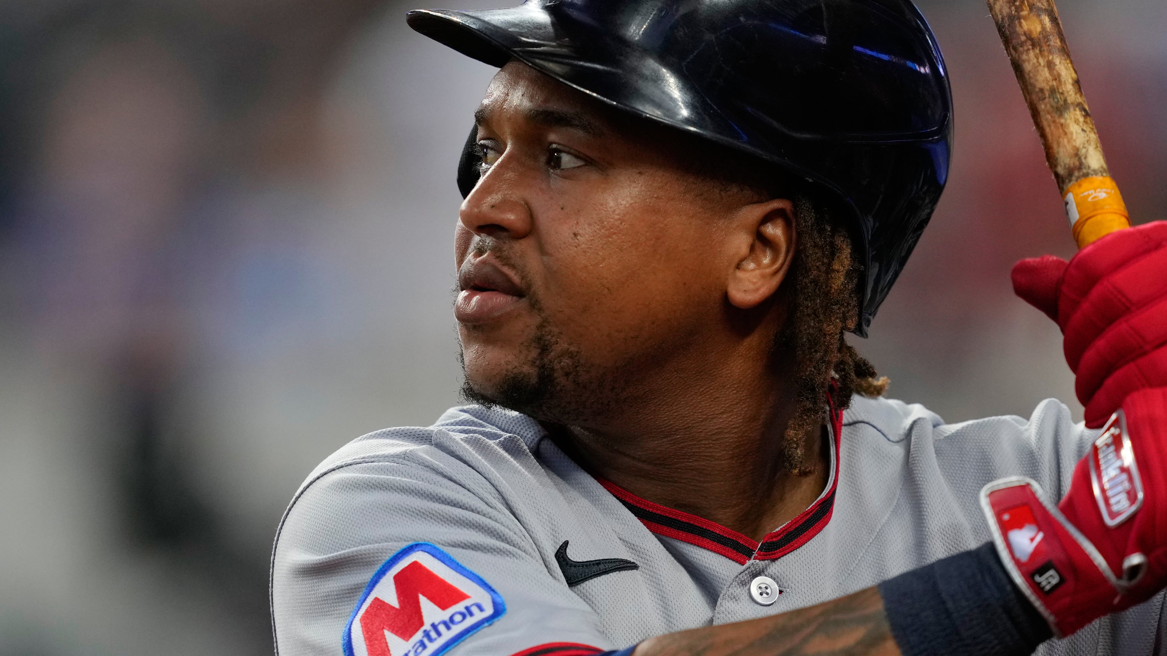 FILE - Cleveland Guardians' José Ramírez stands on deck during a baseball game against the Texas Rangers in Arlington, Texas, June 7, 2026. (AP Photo/Tony Gutierrez, File)
