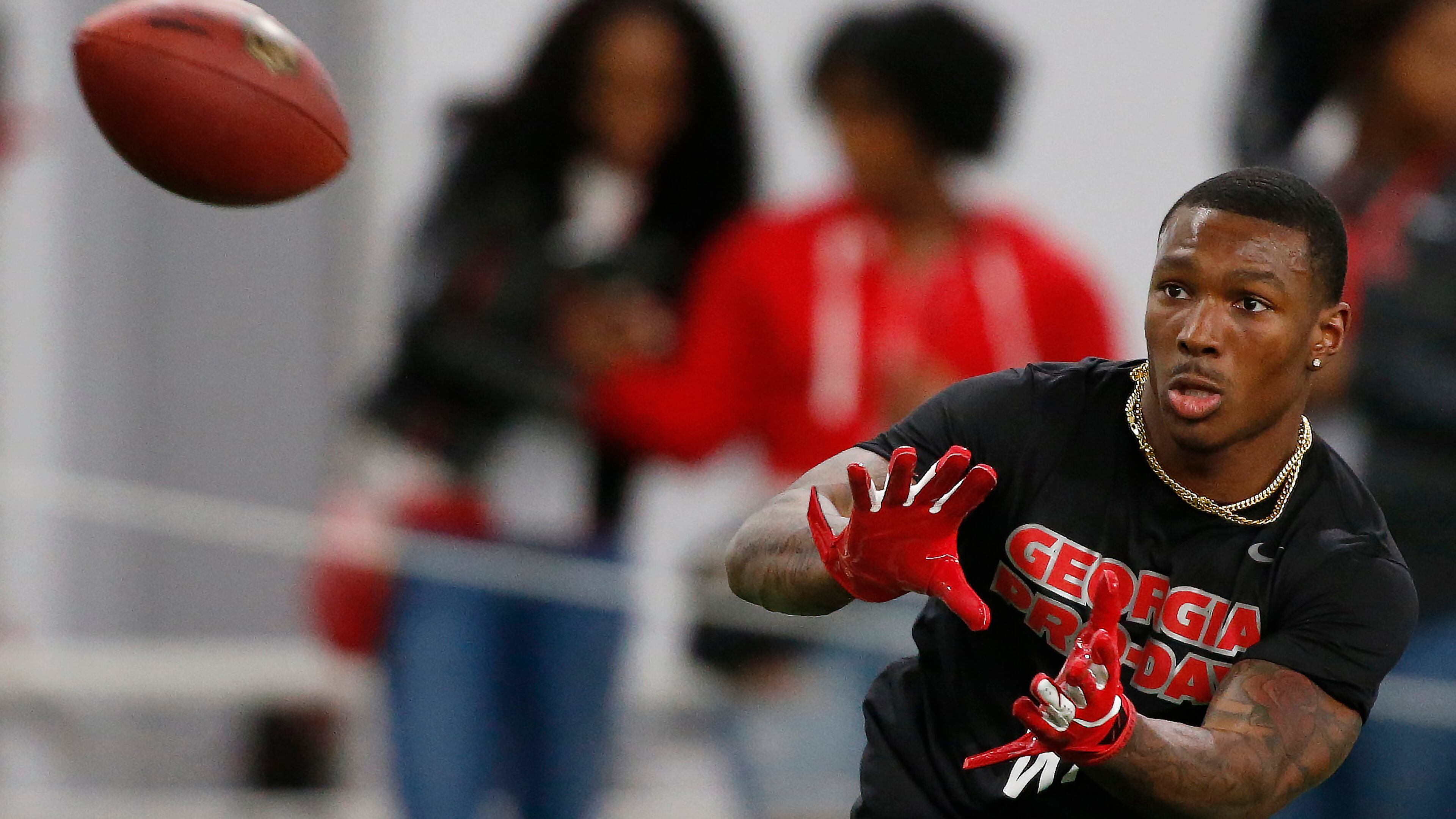 Georgia wide receiver Mecole Hardman reaches for a pass during Pro Day at the University of Georgia, Wednesday, March 20, 2019, in Athens.
