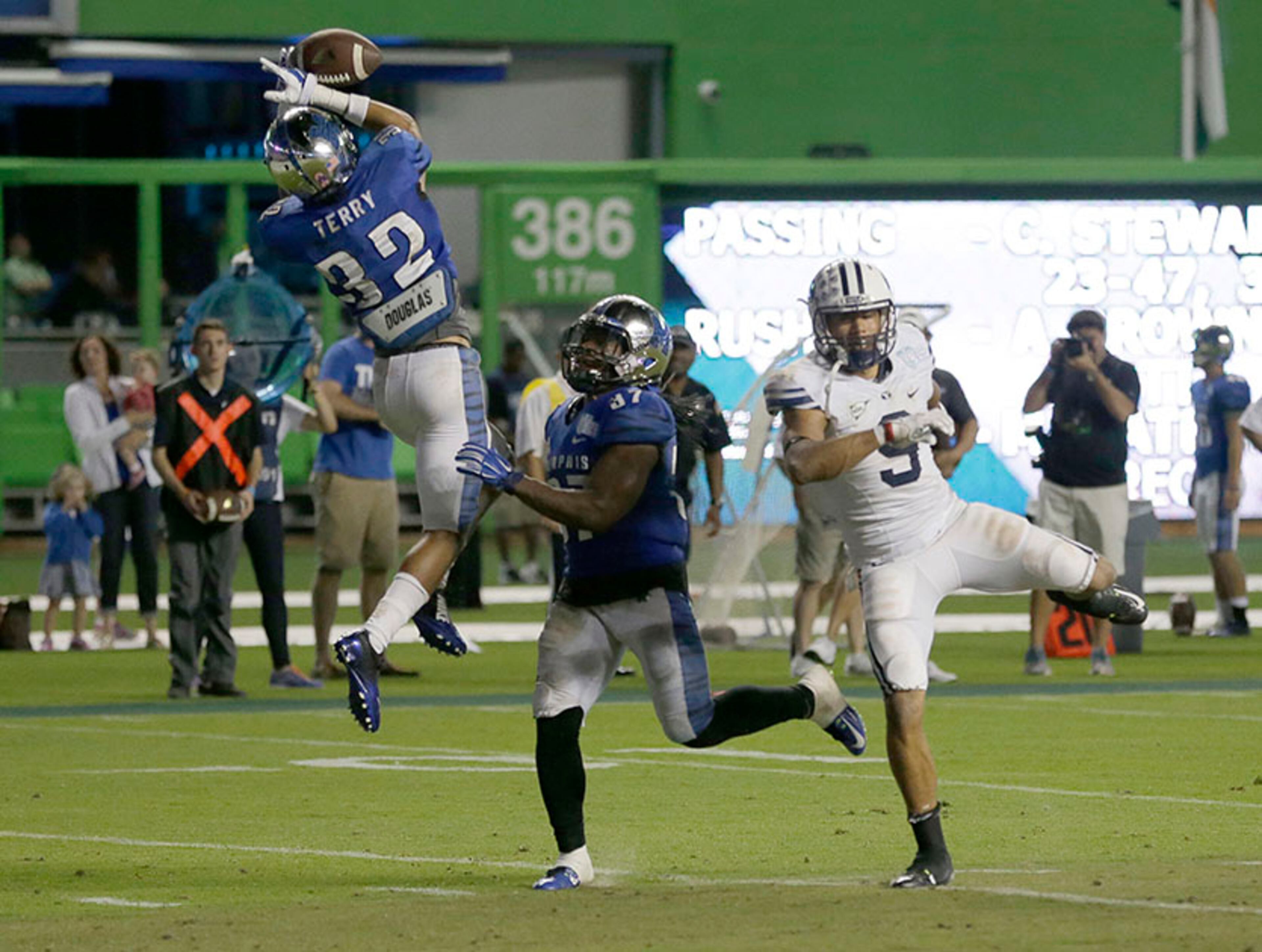 Memphis secured the win when defensive back DaShaughn Terry intercepted BYU quarterback Christian Stewart in the game's second overtime.