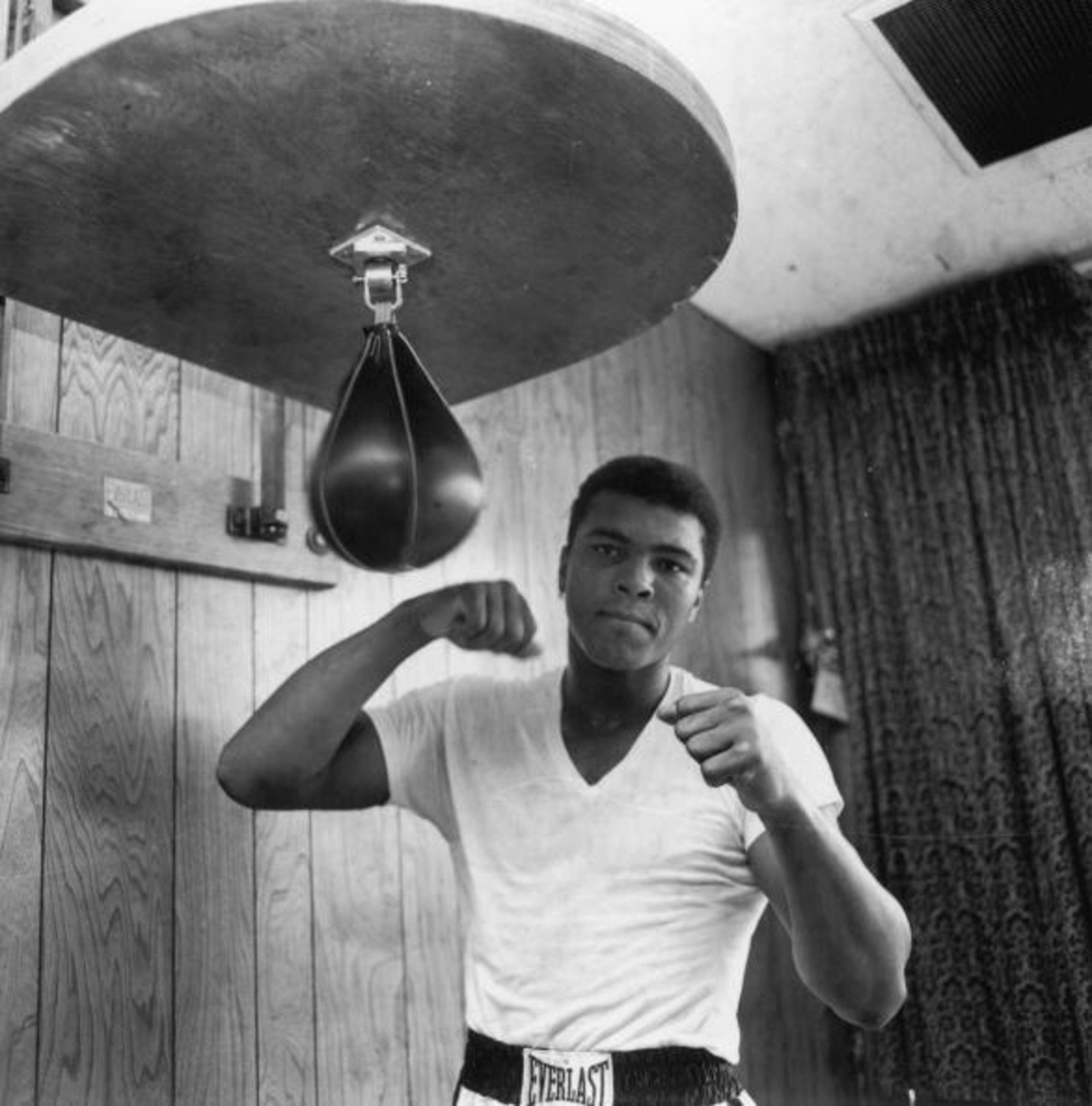 American Heavyweight boxer Cassius Clay (later Muhammad Ali), training in his gym, 21st May 1965. (Photo by Harry Benson/Express/Hulton Archive/Getty Images)