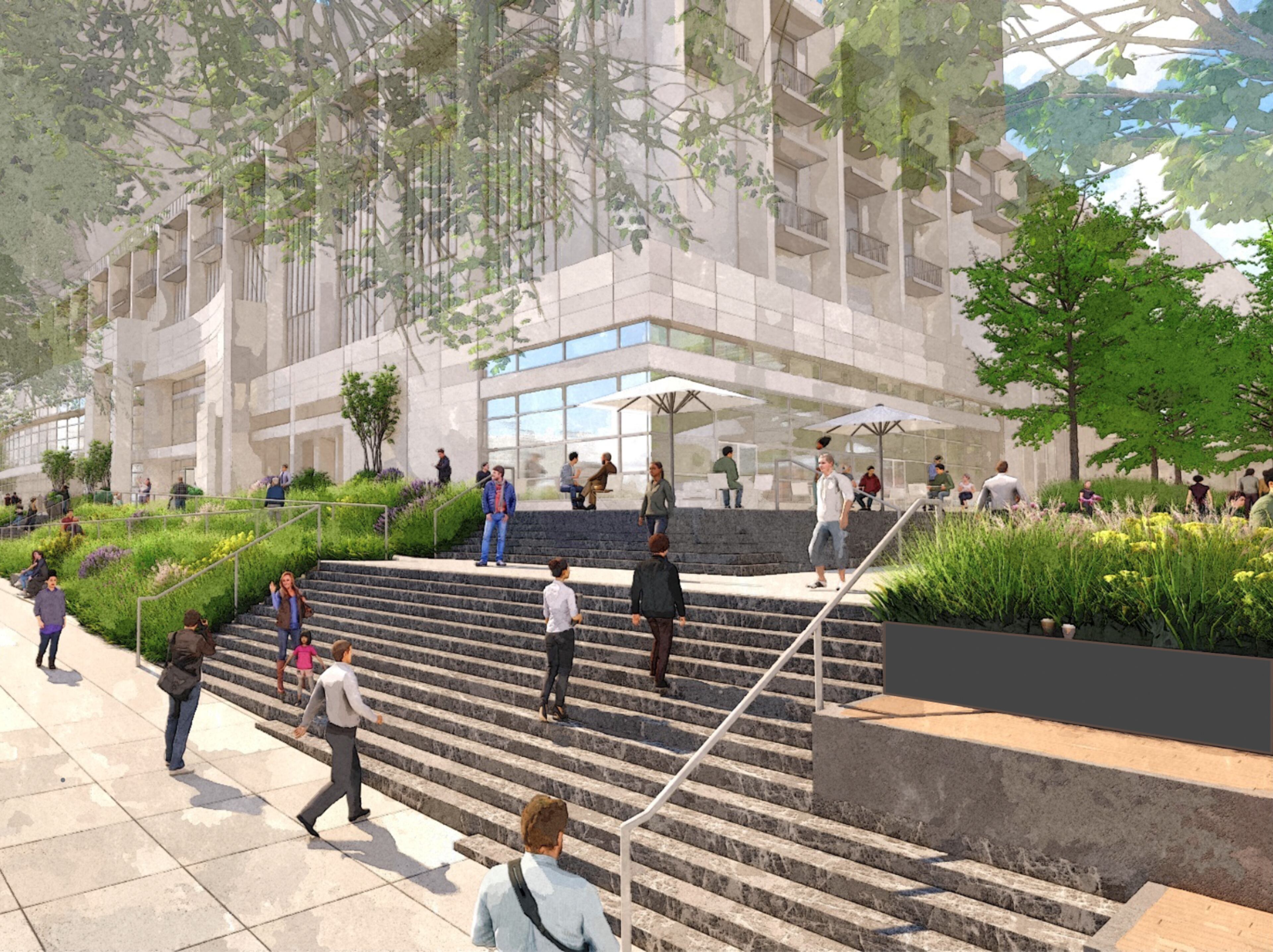 This is a rendering of Woodruff Arts Center's planned $67 million campus revamp, which includes landscaping projects and new performance stages and play spaces.