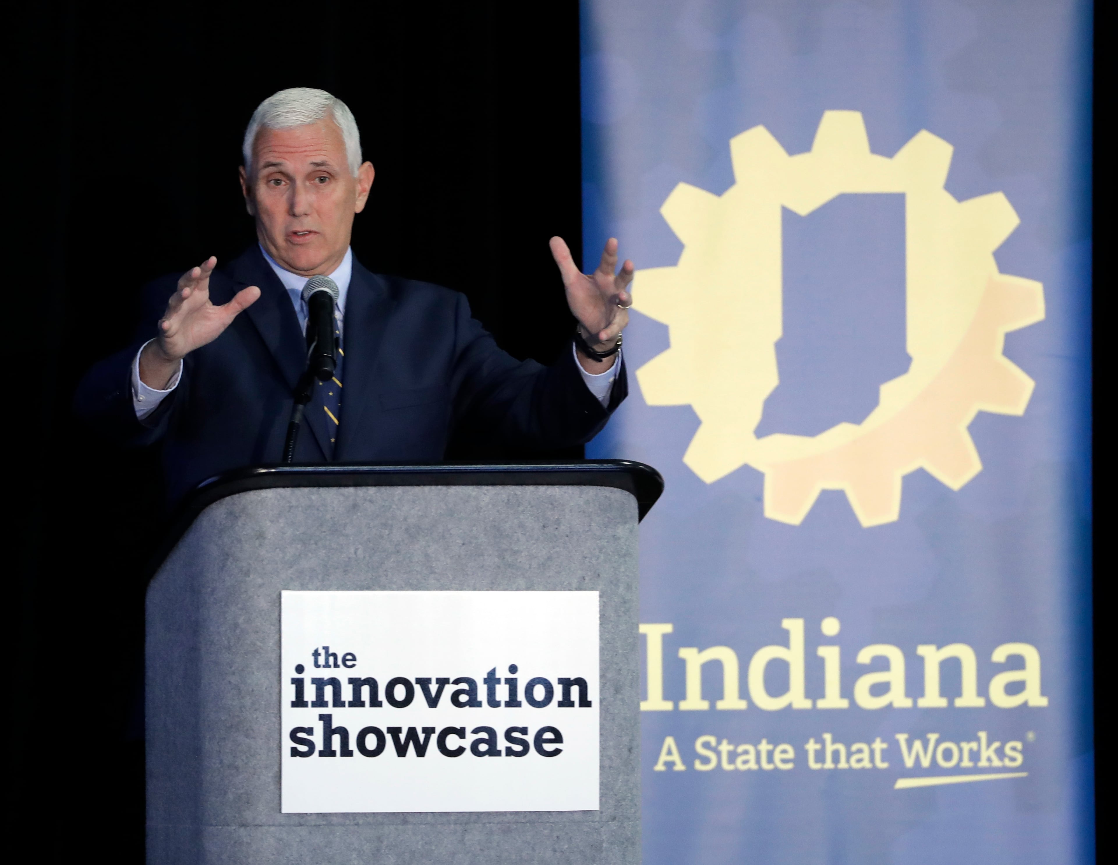 Indiana Gov. Mike Pence speaks during the Innovation Showcase, Thursday, July 14, 2016, in Indianapolis. (AP Photo/Darron Cummings)