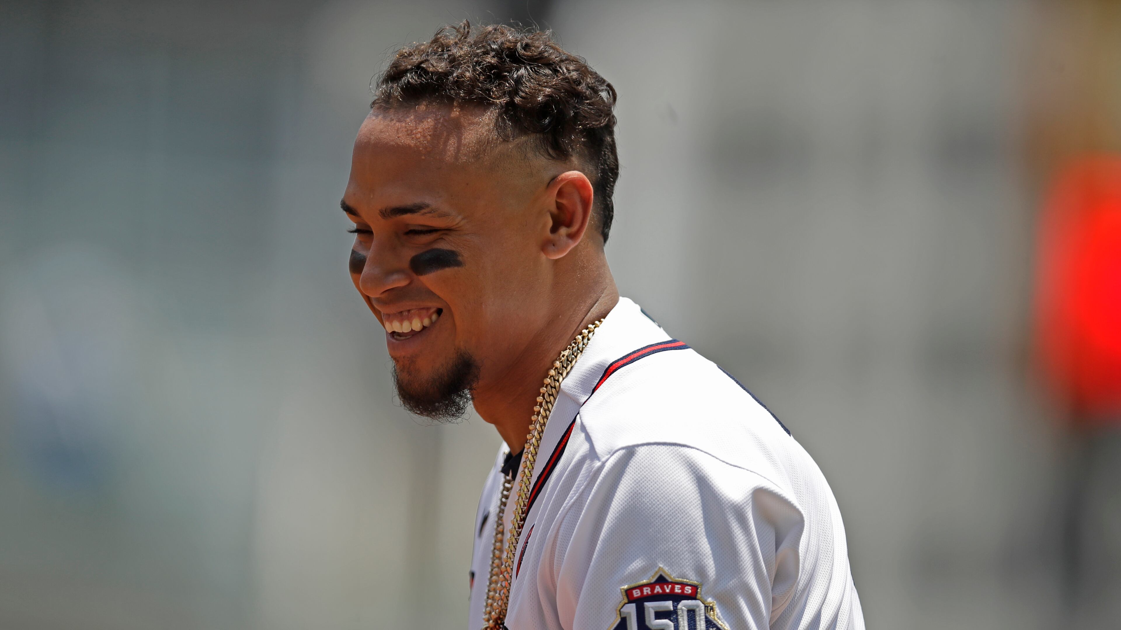 Atlanta Braves' Orlando Arcia smiles during a baseball game against the Miami Marlins Saturday, July 3, 2021, in Atlanta. (AP Photo/Ben Margot)