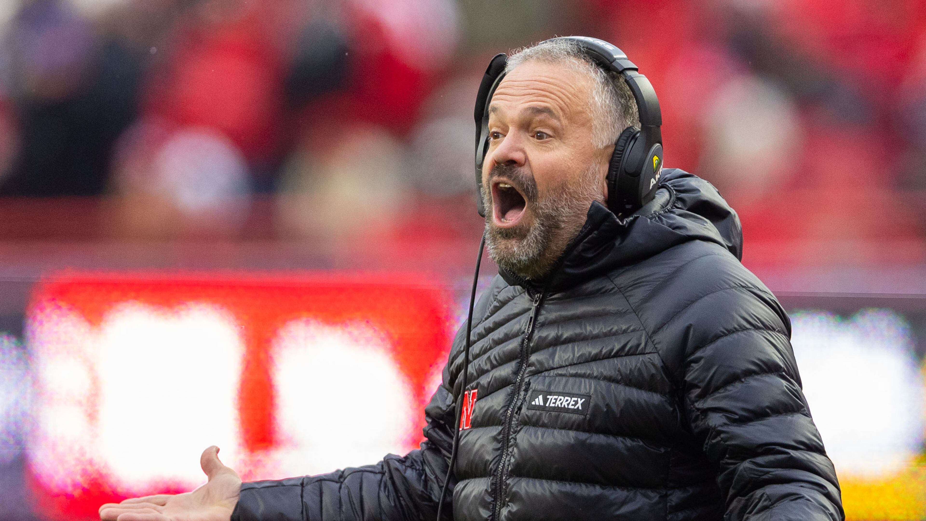 FILE - Nebraska head coach Matt Rhule disputes a referee's call after Nebraska made a safety against Iowa during the second half of an NCAA college football game Friday, Nov. 28, 2025, in Lincoln, Neb. (AP Photo/Rebecca S. Gratz, File)