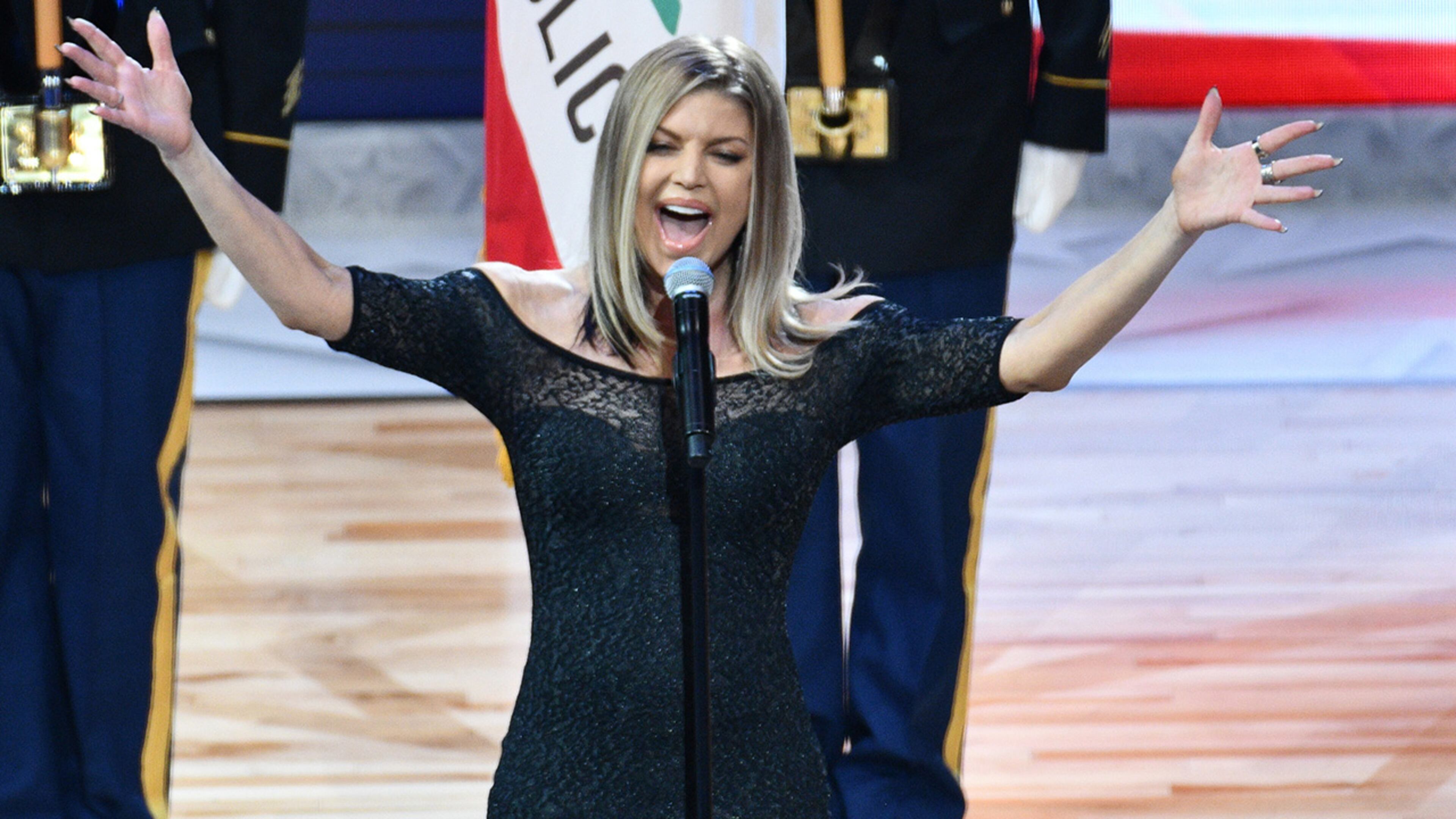 LOS ANGELES, CA - FEBRUARY 18: Singer Fergie sings the national anthem prior to The 67th NBA All-Star Game: Team LeBron Vs. Team Stephen at Staples Center on February 18, 2018 in Los Angeles, California. (Photo by Allen Berezovsky/Getty Images)