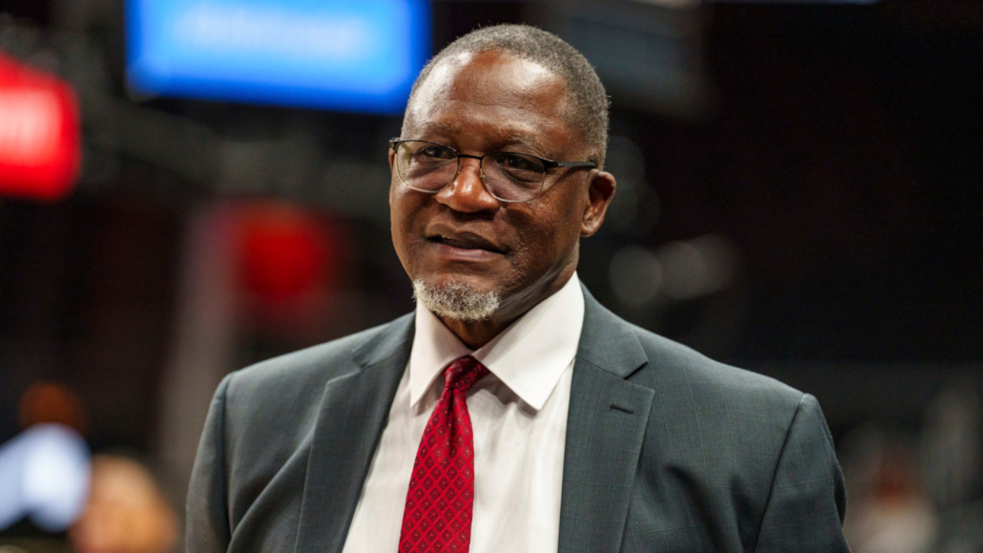Atlanta Hawks Vice President of Basketball and Hall of Famer Dominique Wilkins speaks to staff before the start of an NBA basketball game against the New York Knicks, Wednesday, Nov. 6, 2024, in Atlanta. (AP Photo/Jason Allen)