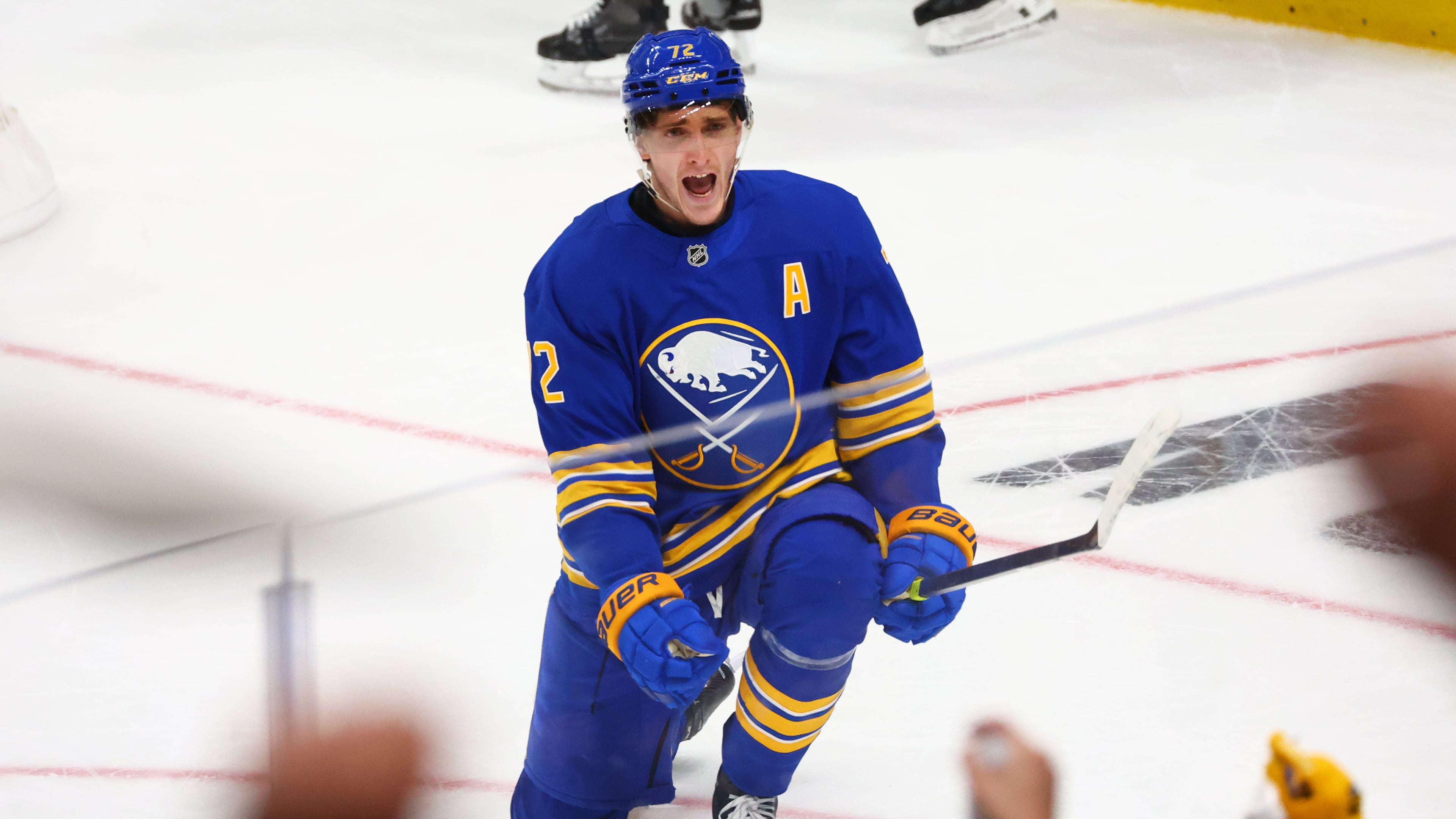 Buffalo Sabres center Tage Thompson (72) celebrates his goal during the third period in Game 1 of a first-round NHL hockey Stanley Cup playoff series against the Boston Bruins, Sunday, April 19, 2026, in Buffalo, N.Y. (AP Photo/Jeffrey T. Barnes)
