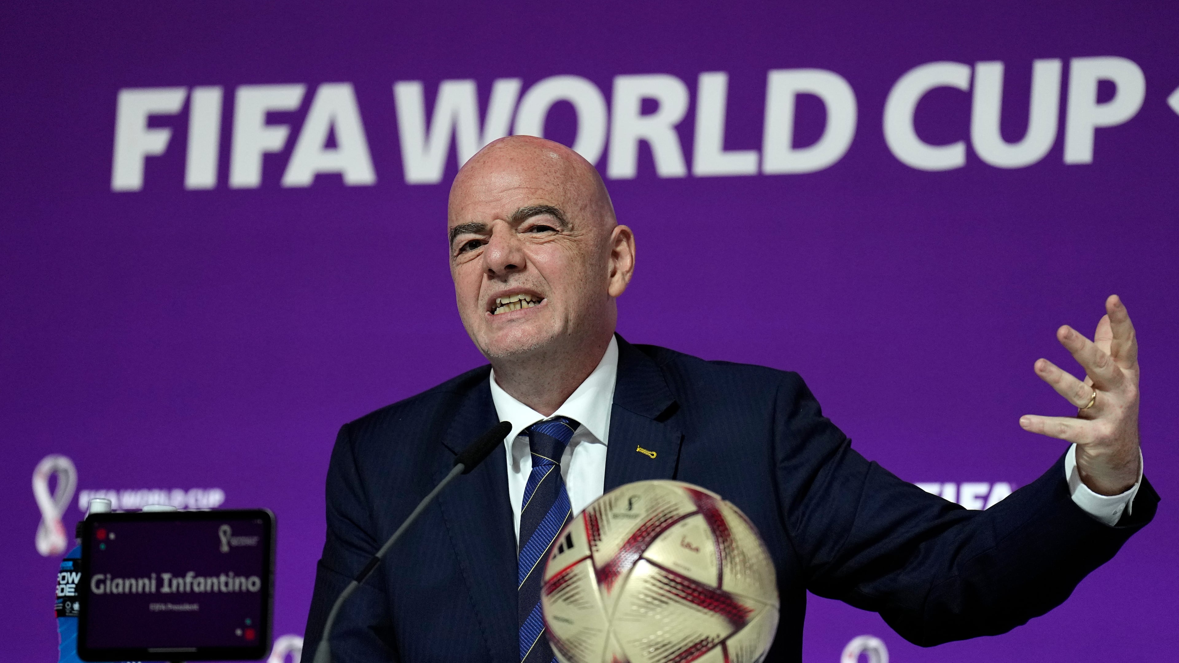 FILE - FIFA President Gianni Infantino gestures as he meets the media at the FIFA World Cup closing press conference in Doha, Qatar, Friday, Dec. 16, 2022. (AP Photo/Martin Meissner, File)