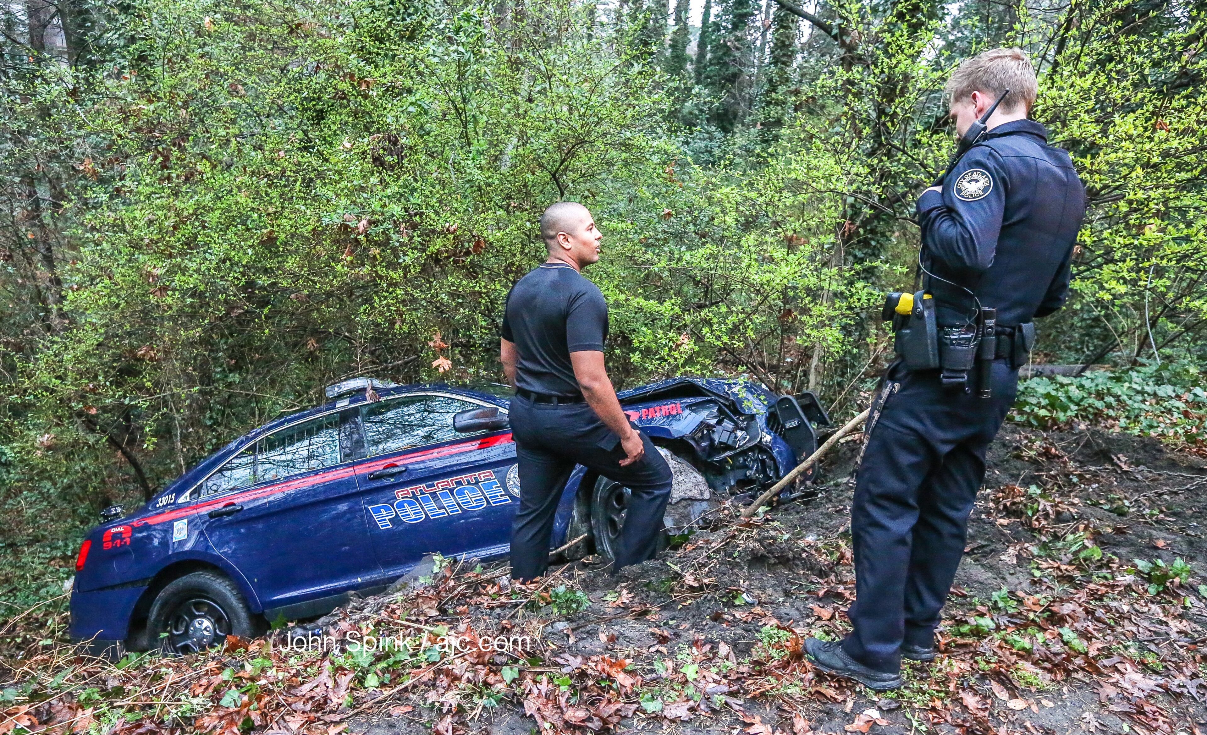 The unidentified officer was taken to Grady Memorial Hospital in stable condition with head and back pain, Atlanta police Officer Donald Hannah said. He later returned to the scene to gather his things. JOHN SPINK / JSPINK@AJC.COM