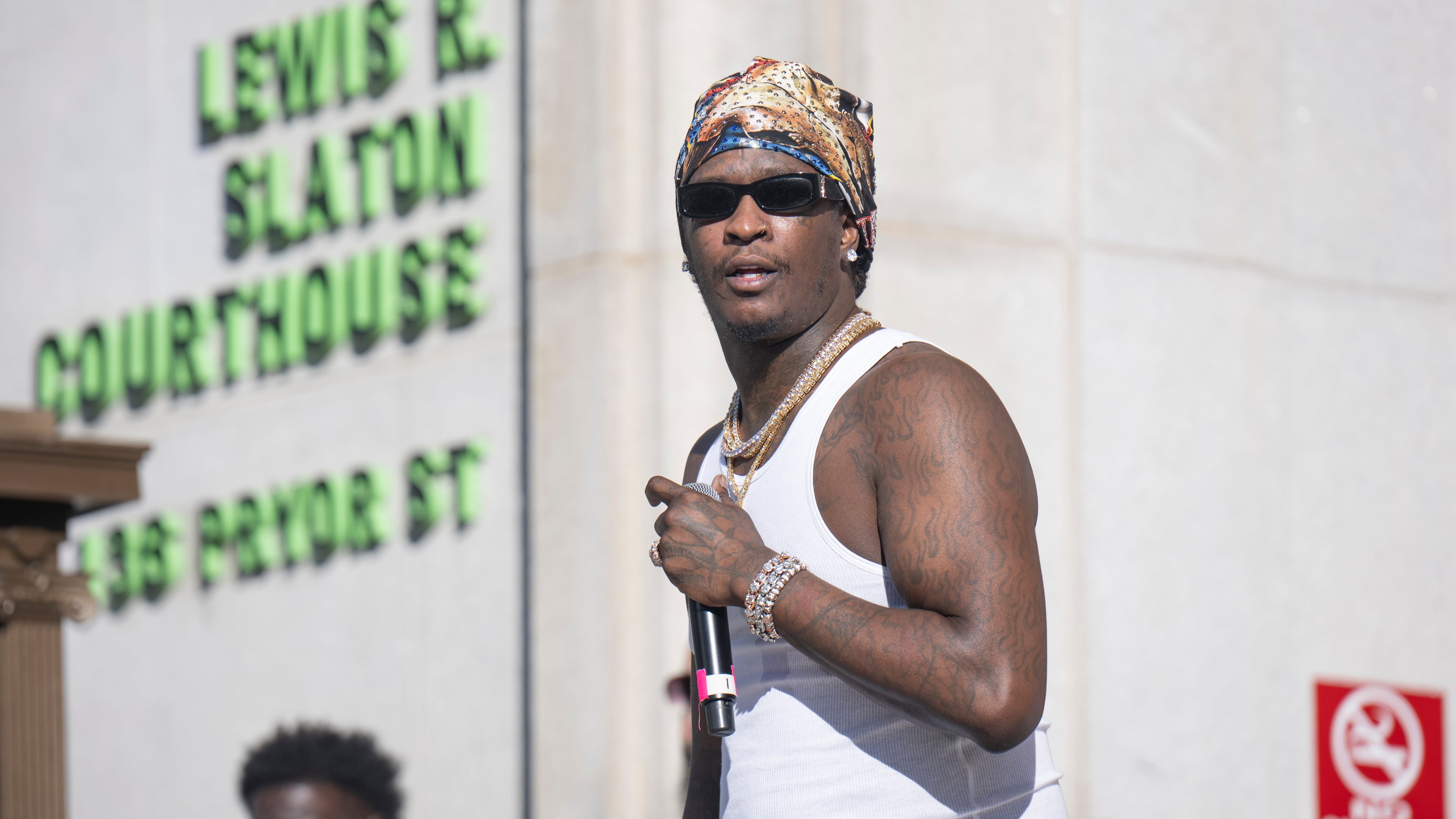 Young Thug performs during a free concert outside of the Fulton County Courthouse on Sunday, Sept. 28, 2025, in Atlanta. Several items were seized from the rapper’s home after his 2022 arrest on gang and racketeering charges. (Prince Williams/WireImage 2025)