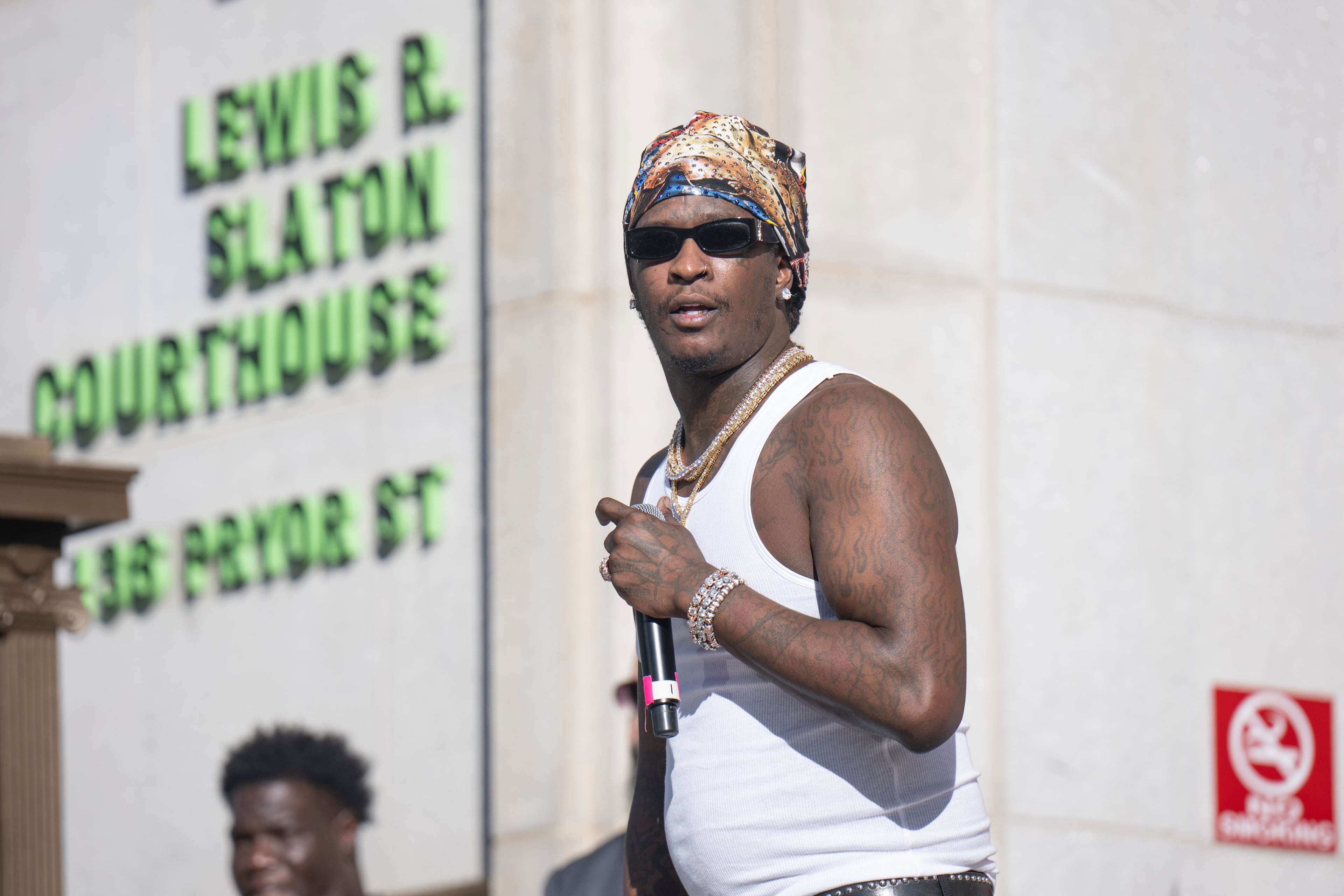 Young Thug performs during a free concert outside of the Fulton County Courthouse on Sunday, Sept. 28, 2025, in Atlanta. Several items were seized from the rapper’s home after his 2022 arrest on gang and racketeering charges. (Prince Williams/WireImage 2025)