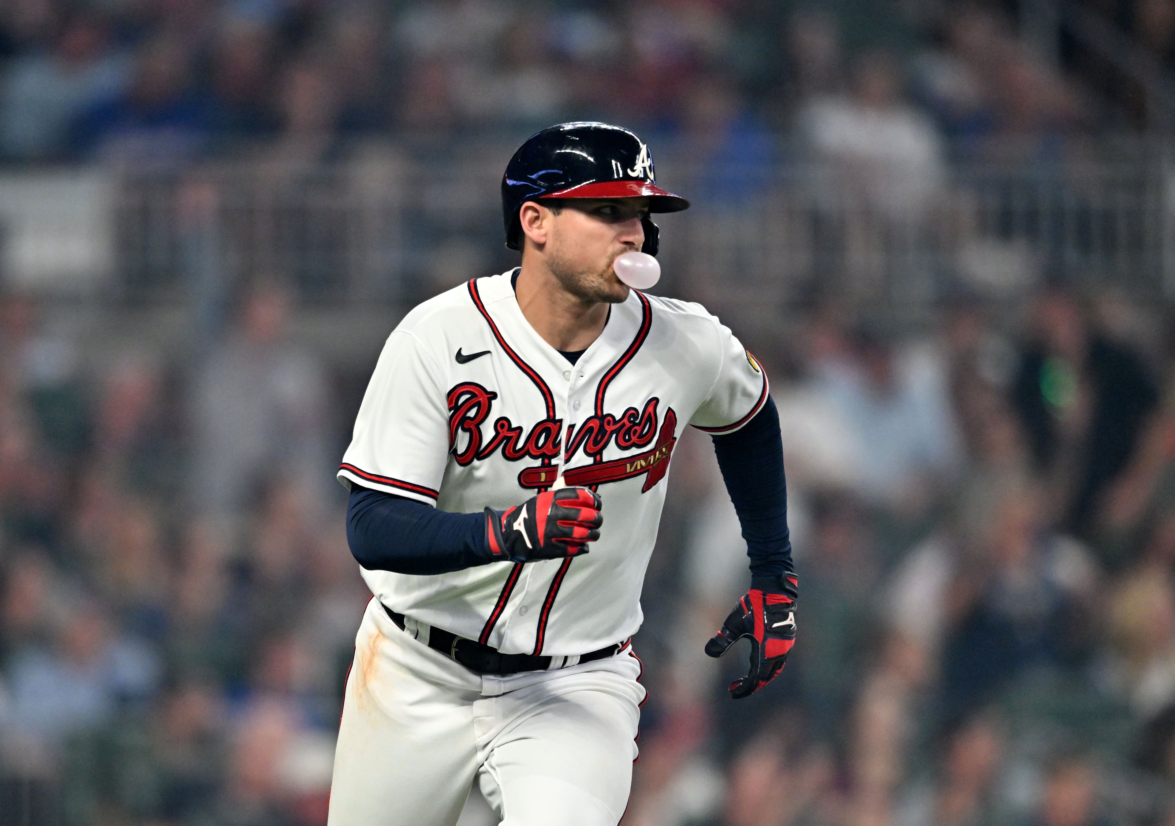 Atlanta Braves' third baseman Austin Riley (27) hits a single during the sixth inning at Truist Park, Tuesday, September 19, 2023, in Atlanta. Atlanta Braves won 9-3 over Philadelphia Phillies. (Hyosub Shin / Hyosub.Shin@ajc.com)