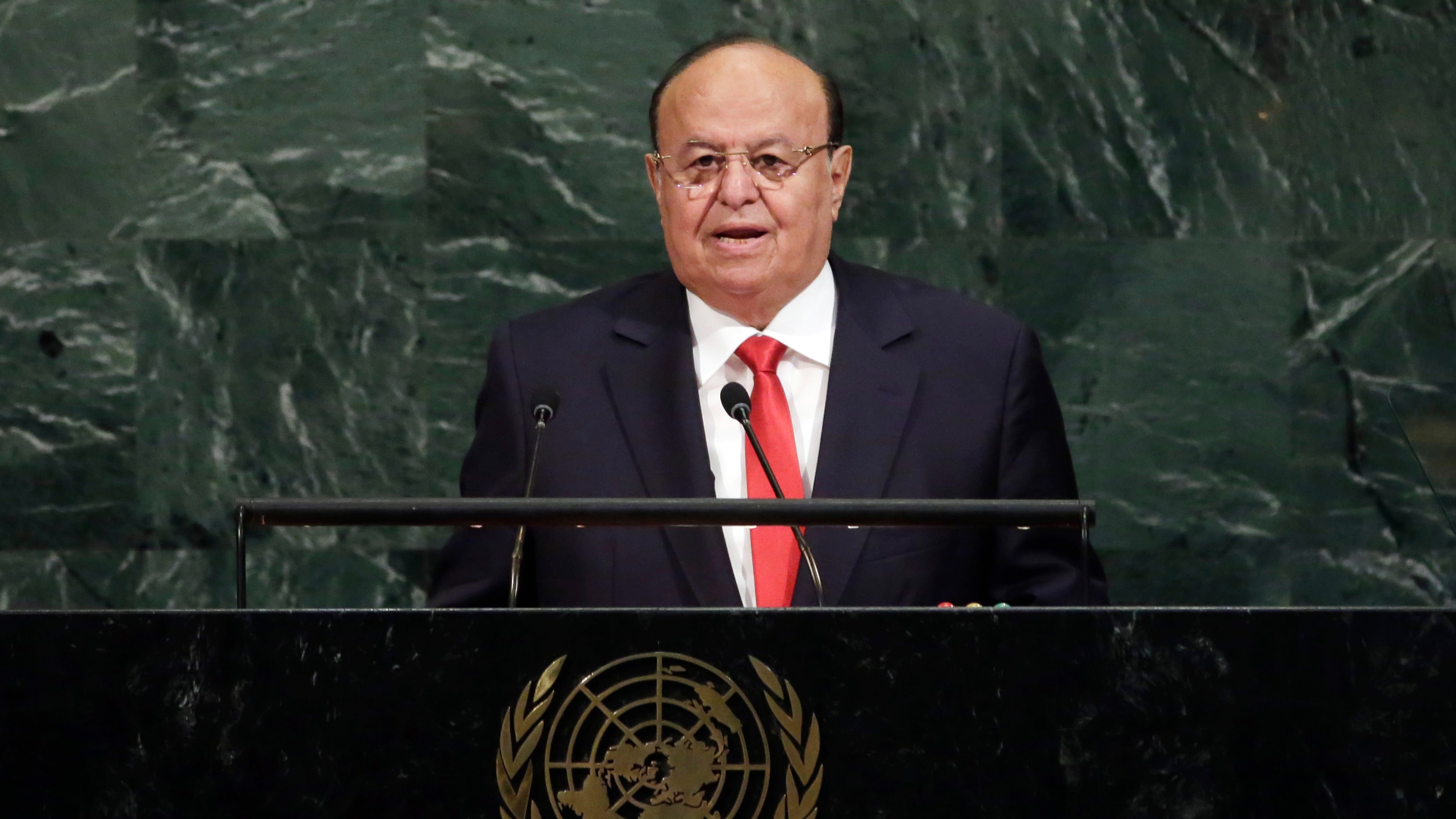 FILE - President Abdrabbuh Mansour Hadi of Yemen addresses the United Nations General Assembly, at U.N. headquarters, Thursday, Sept. 21, 2017. (AP Photo/Richard Drew, File)